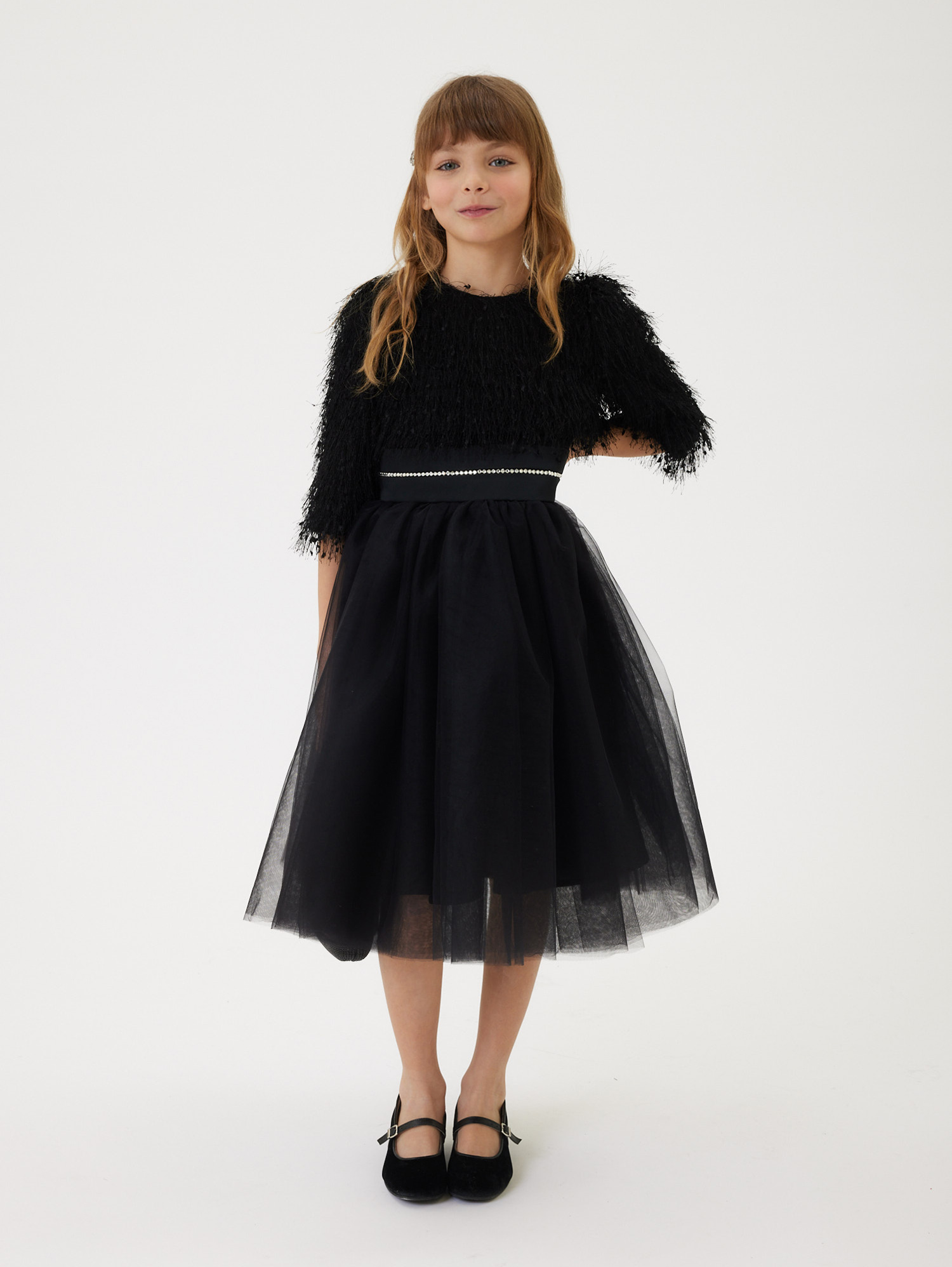 Monnalisa Silk-touch Tulle Dress With Fringing In Black