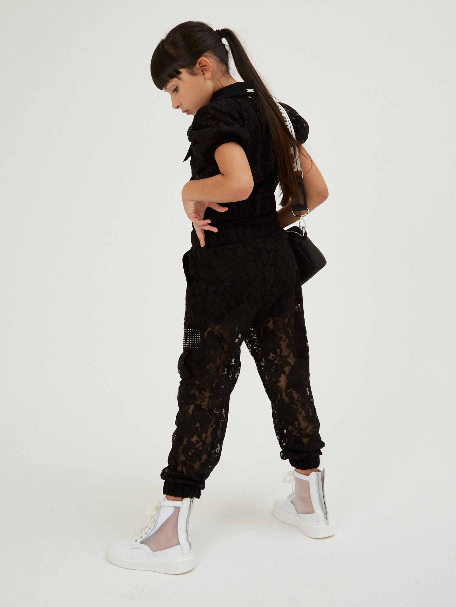 Shop Monnalisa Rebrodé Lace Cargo Trousers In Black