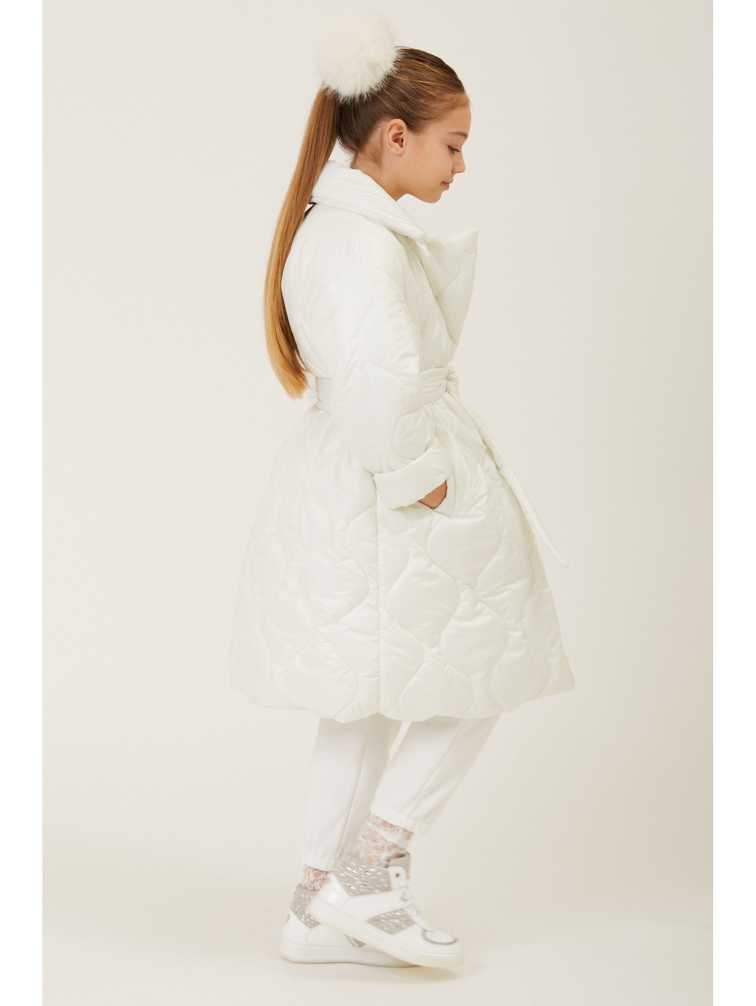 Shop Monnalisa Quilted Technical Fabric Coat In Cream