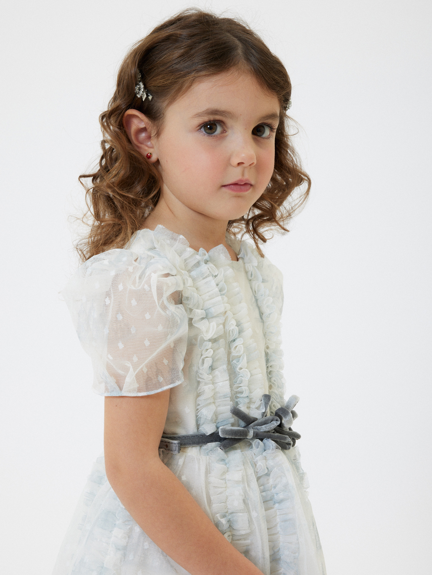 Monnalisa Tulle Dress With Ruffles And Polka Dots In Grey + Beige