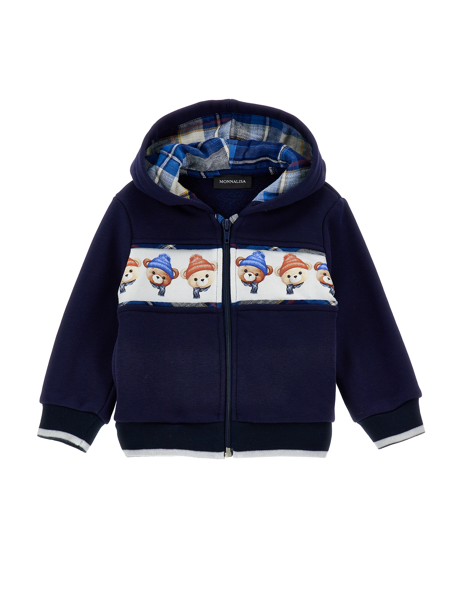 Monnalisa Two-tone Hoodie With Teddy Bears In Blue + Cream