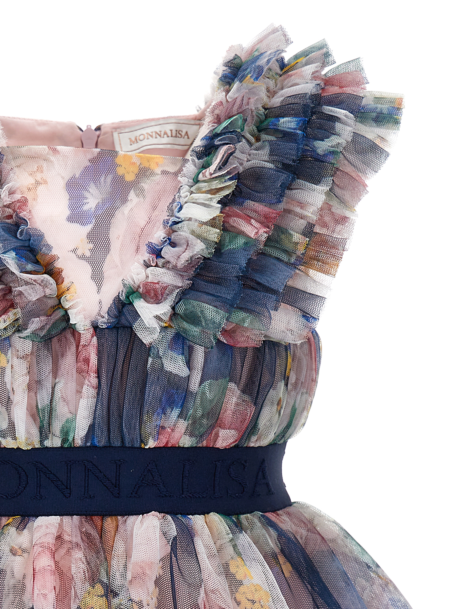 Monnalisa Baroque Rose Birthday Dress In Blue + Multicolor