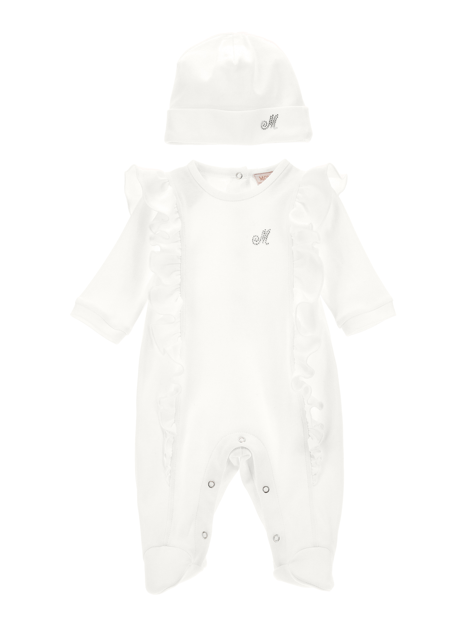 Monnalisa Two-piece Set With Rhinestone Logo In Cream