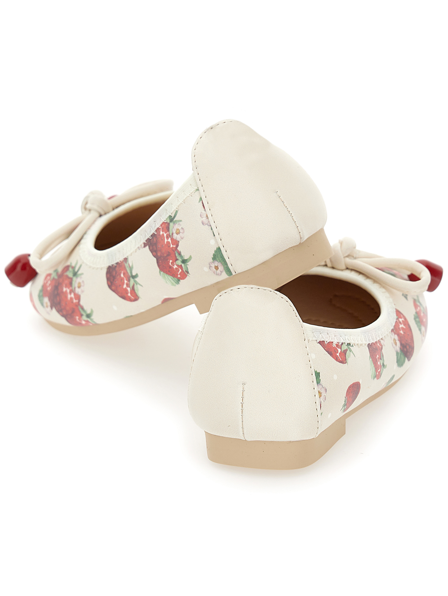 Monnalisa Strawberry Print Ballet Flats In Beige + Red