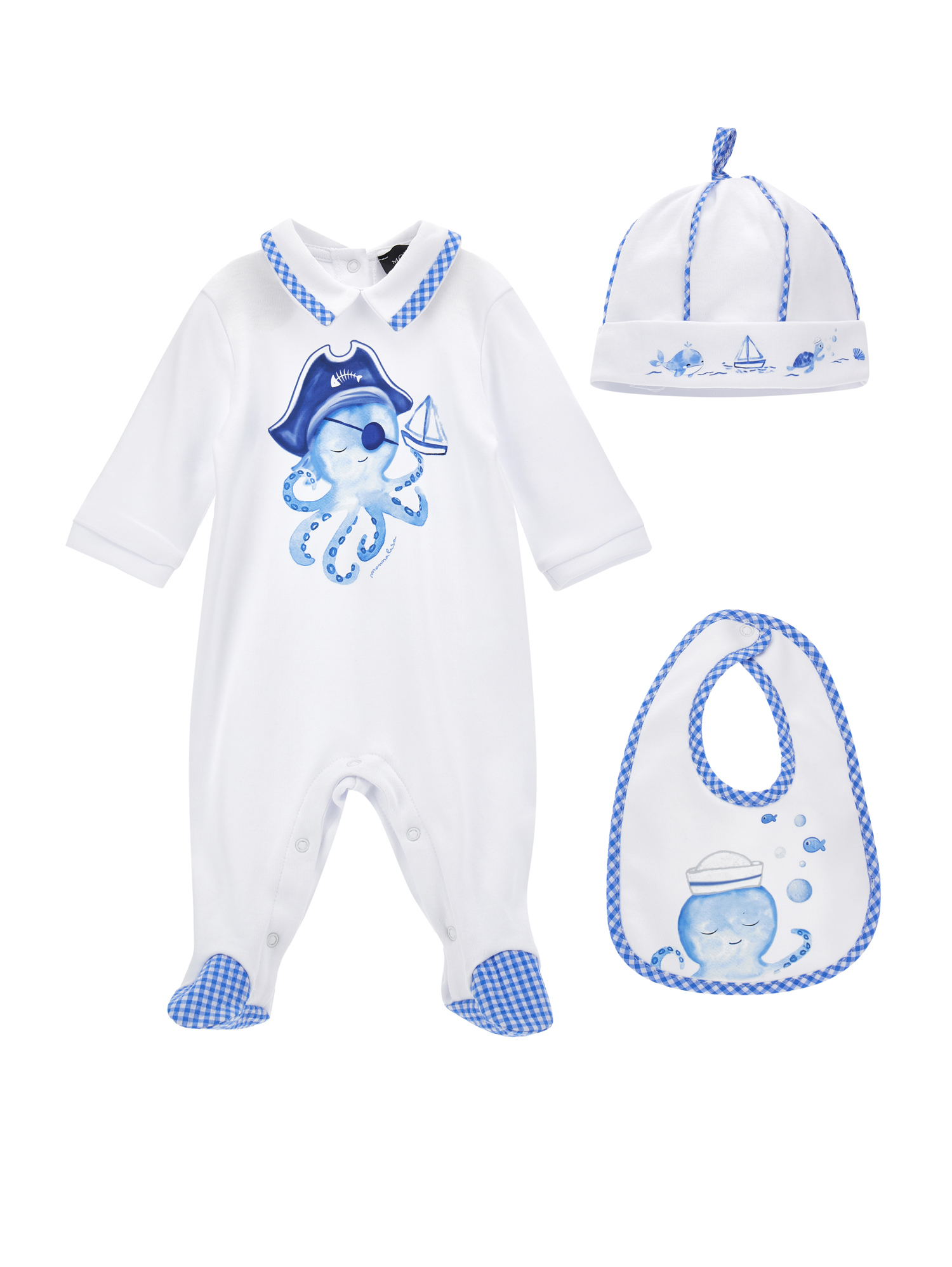 Monnalisa Babies'   Cotton Octopus Three-piece Set In White + Blue