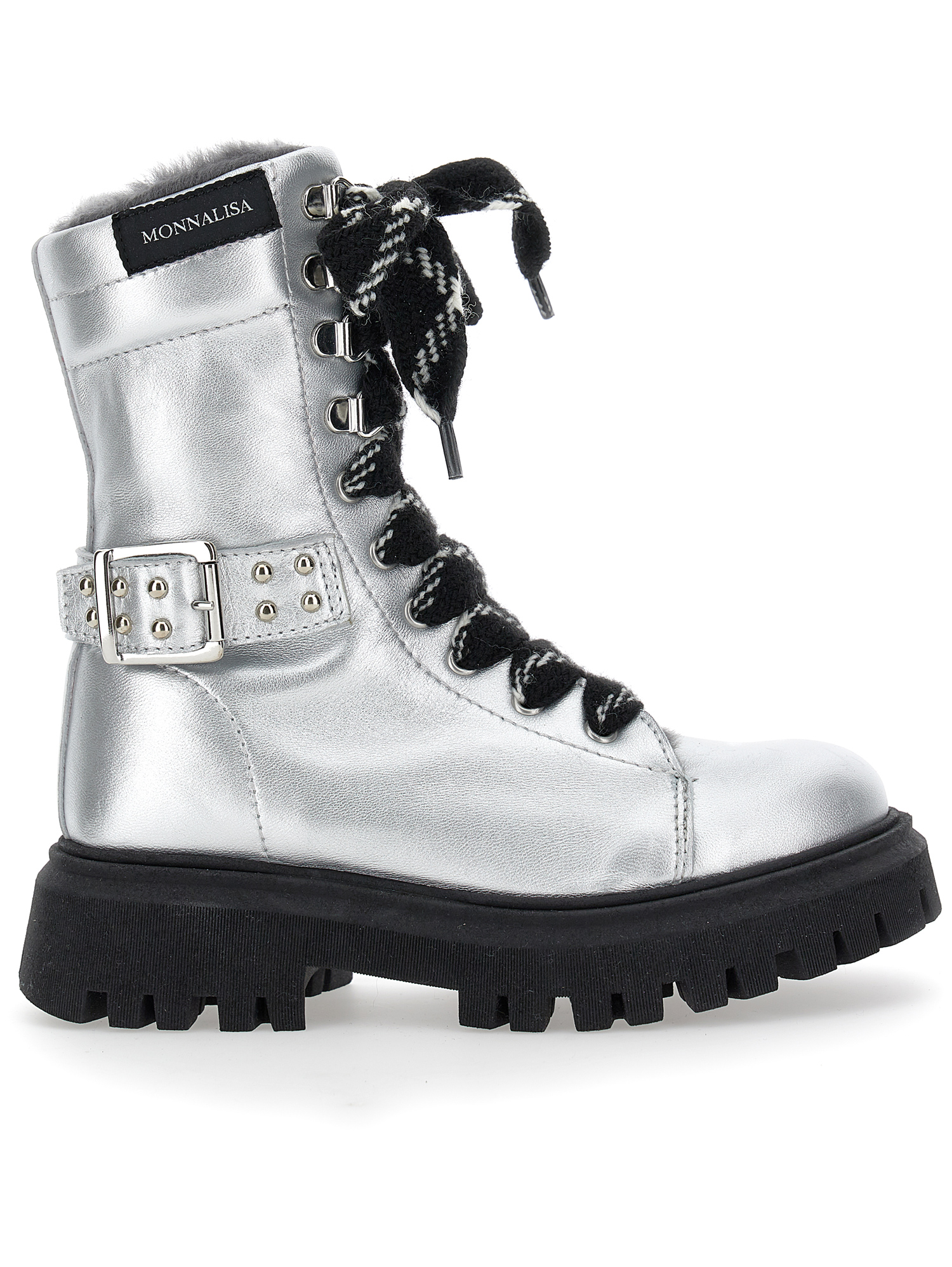 Monnalisa Rock Sheepskin-lined Leather Combat Boots In Silver