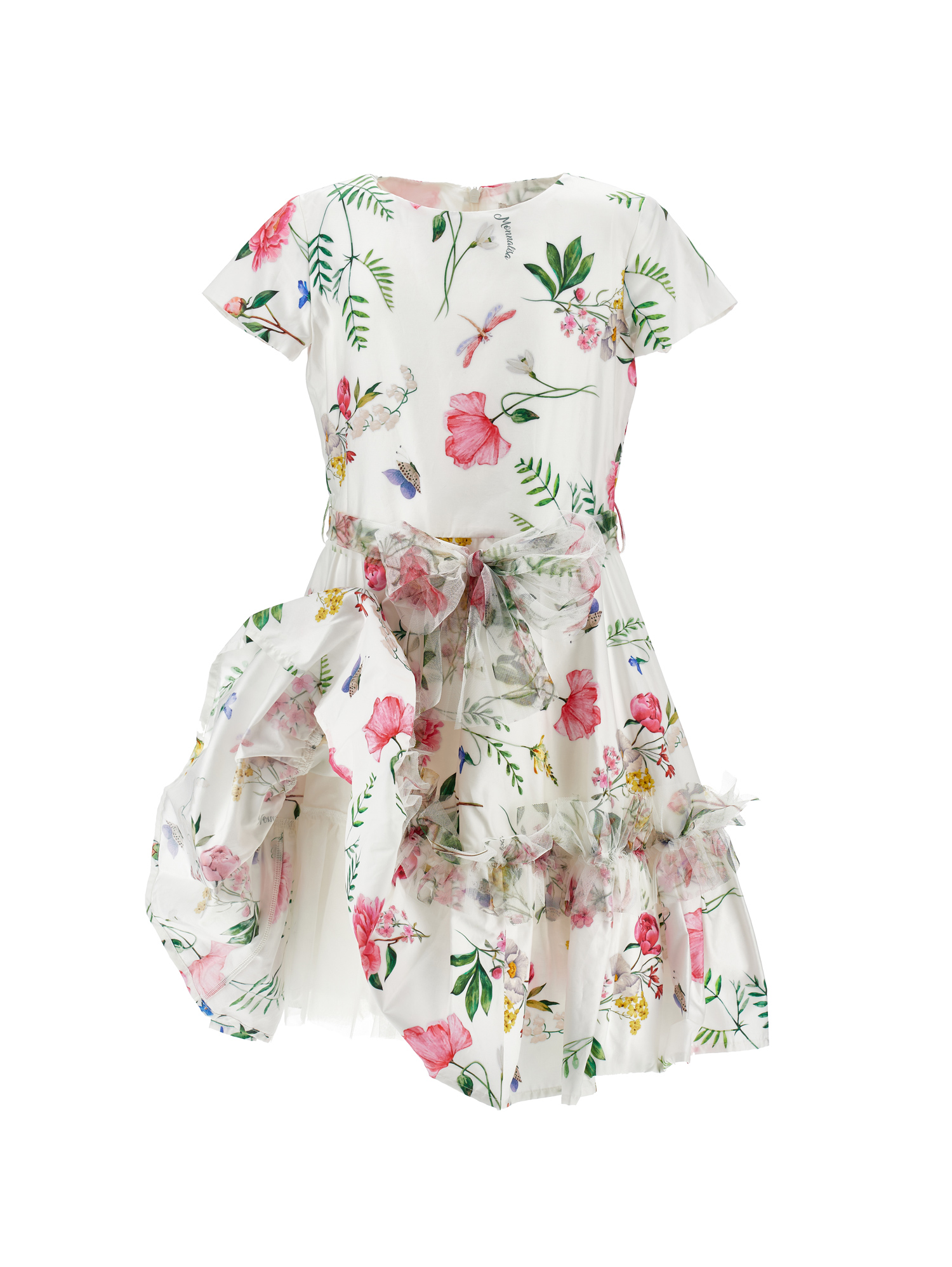 Monnalisa Floral Flared Mini Dress In Cream + Multicolor