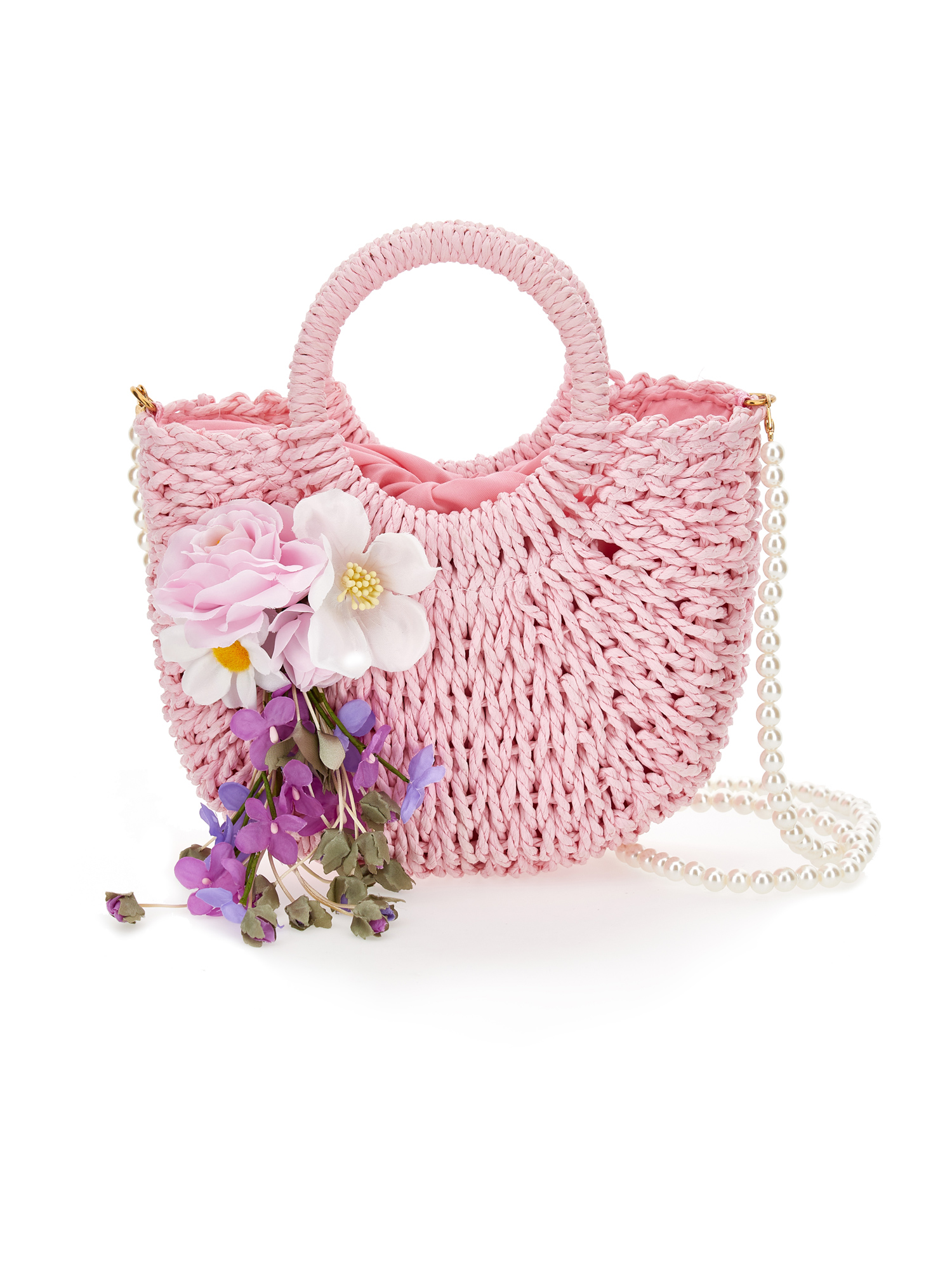 Monnalisa Kids'   Raffia Bag With Flower Appliqué In Rosa Fairy Tale