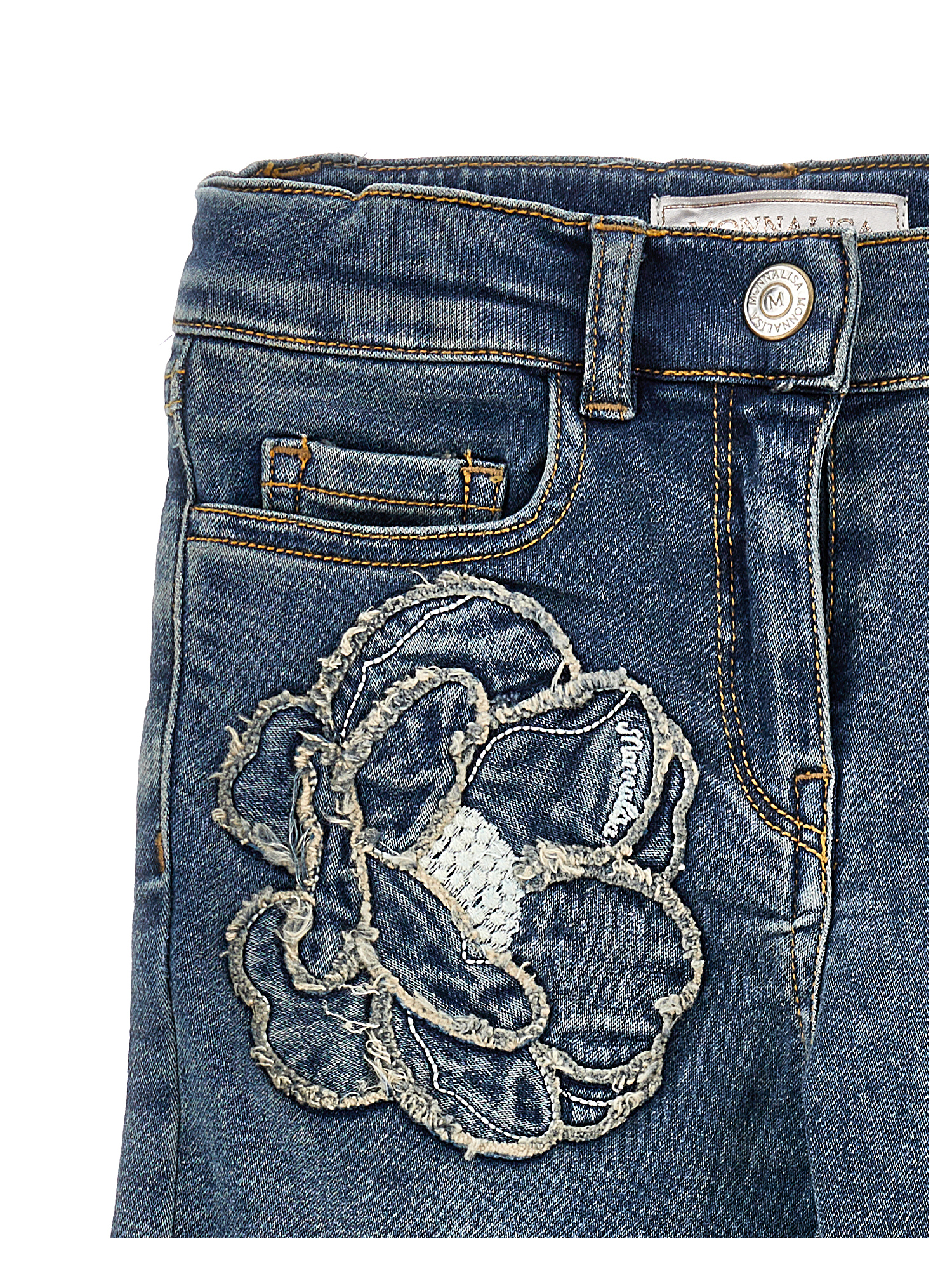 Shop Monnalisa Embroidered Five-pocket Jeans In Denim Blue + Ecru