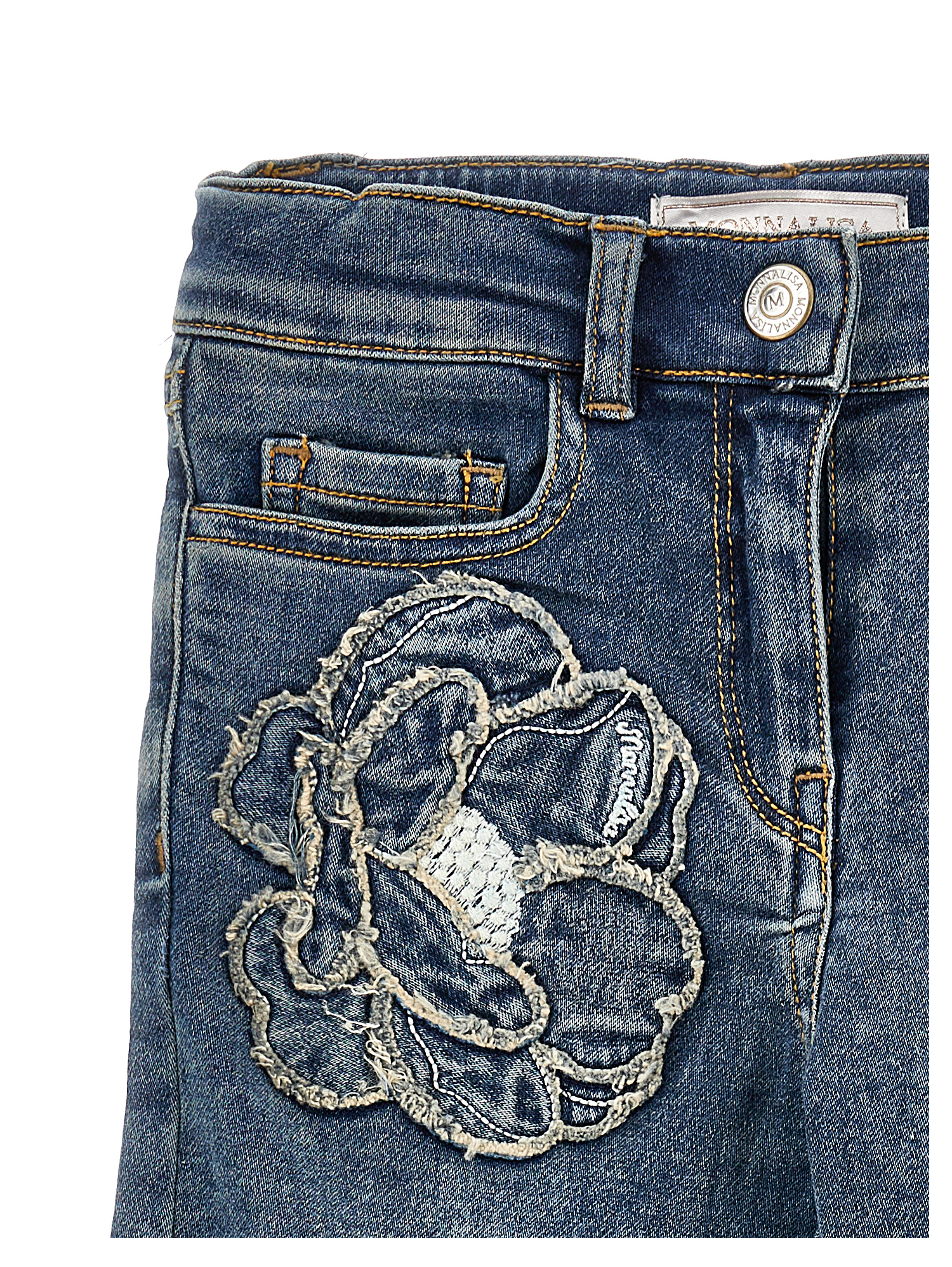 Monnalisa Embroidered Five-pocket Jeans In Denim Blue + Ecru