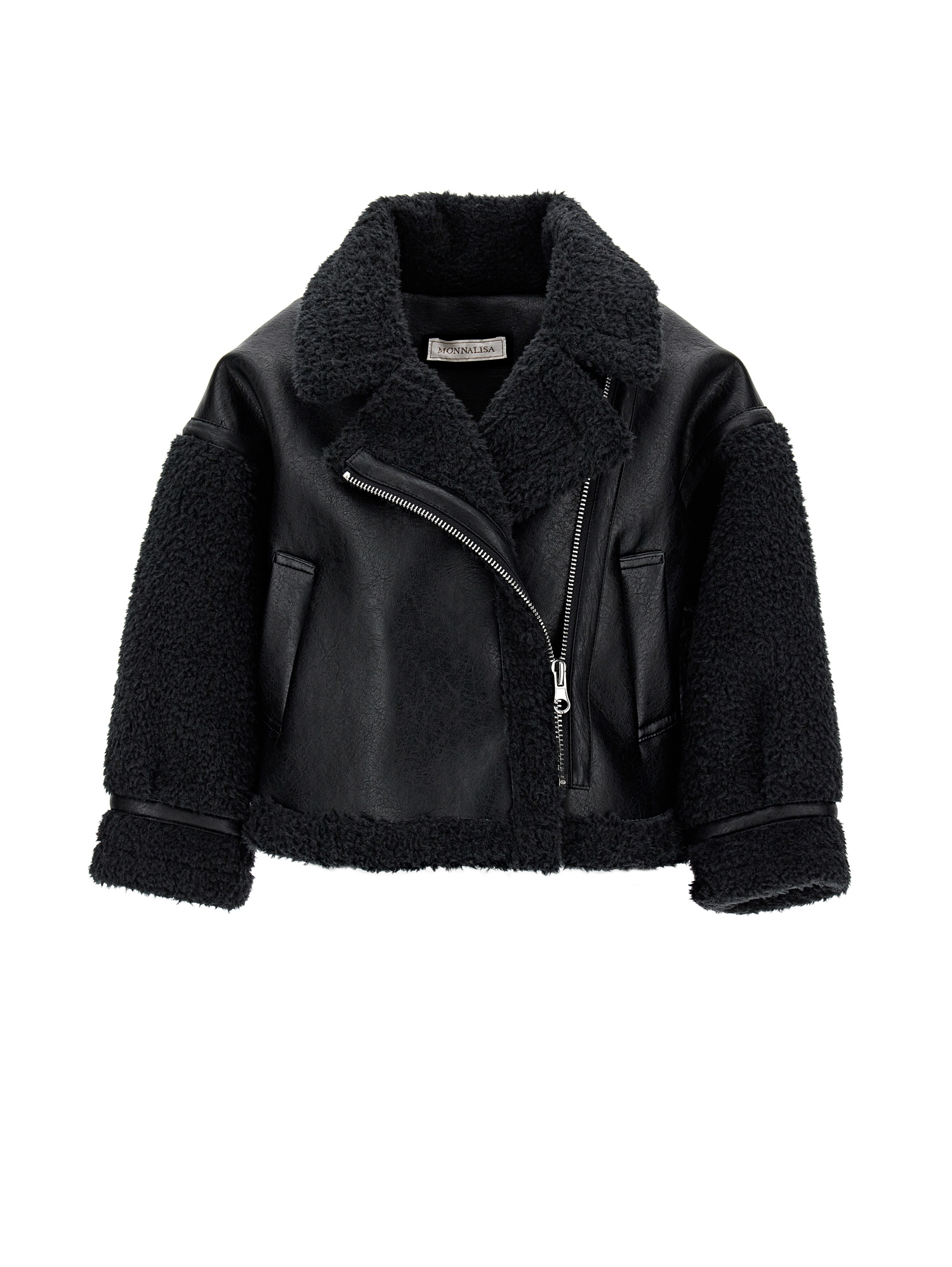 Monnalisa Kids'   Sheepskin Effect Plush Biker Jacket In Black