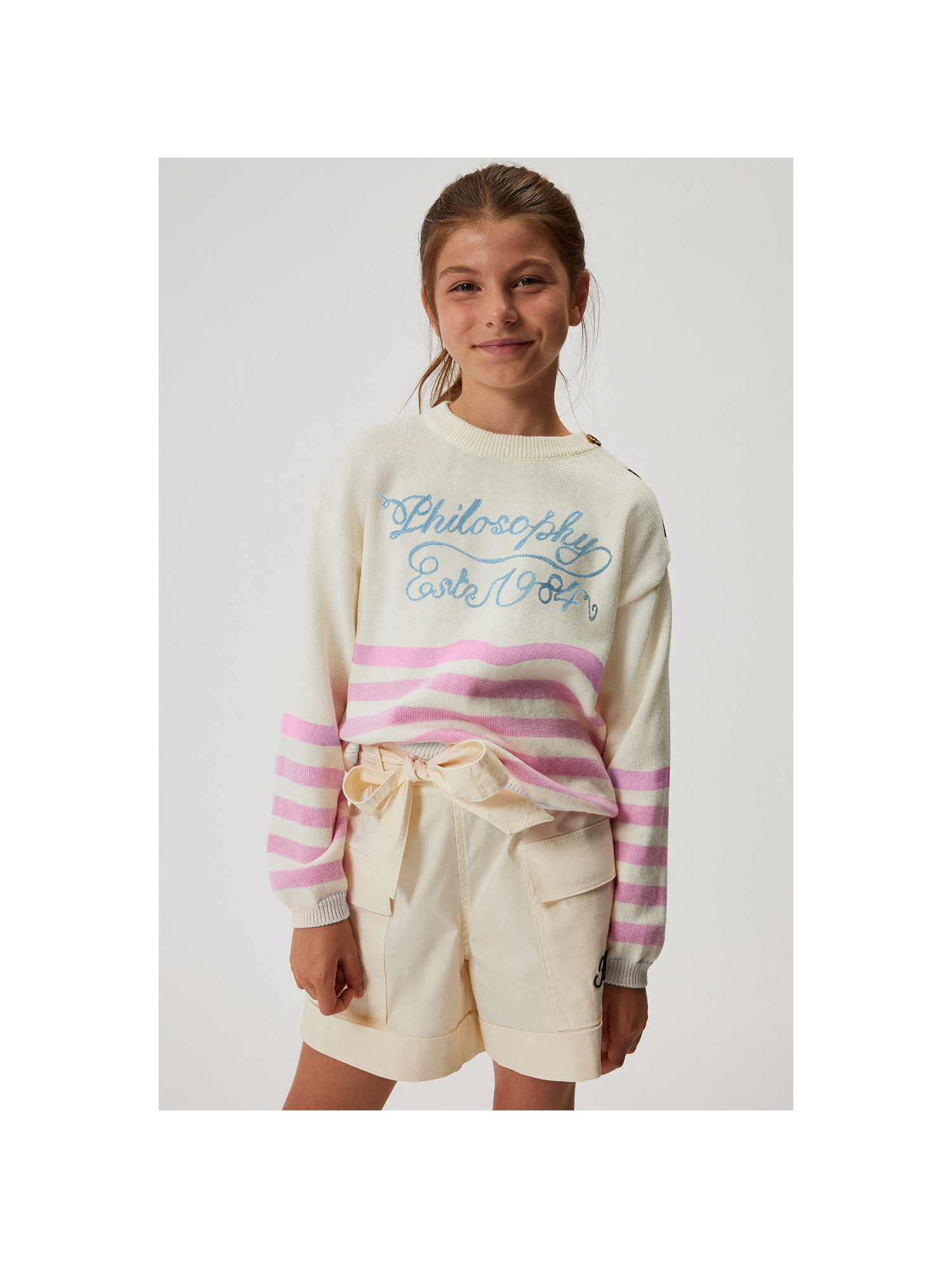 Philosophy Di Lorenzo Serafini Philosophy Kids  Striped Sweater With Buttons And Embroidered Logo In Neutral