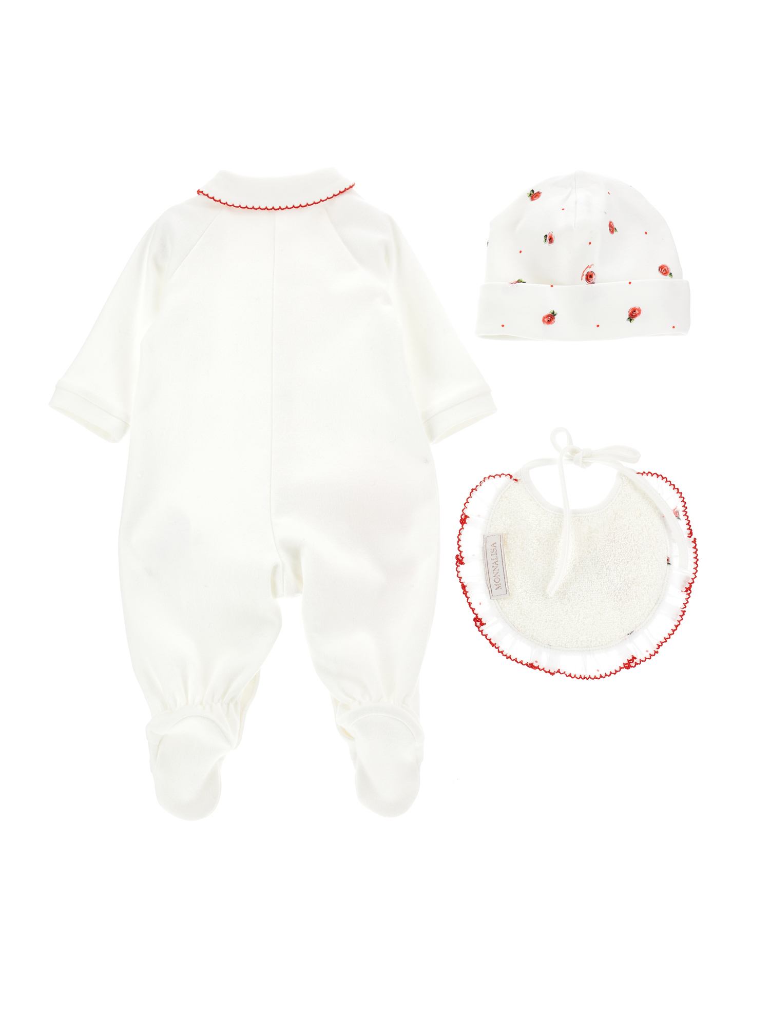 Monnalisa Three-piece Set With Rose In Cream + Ruby Red