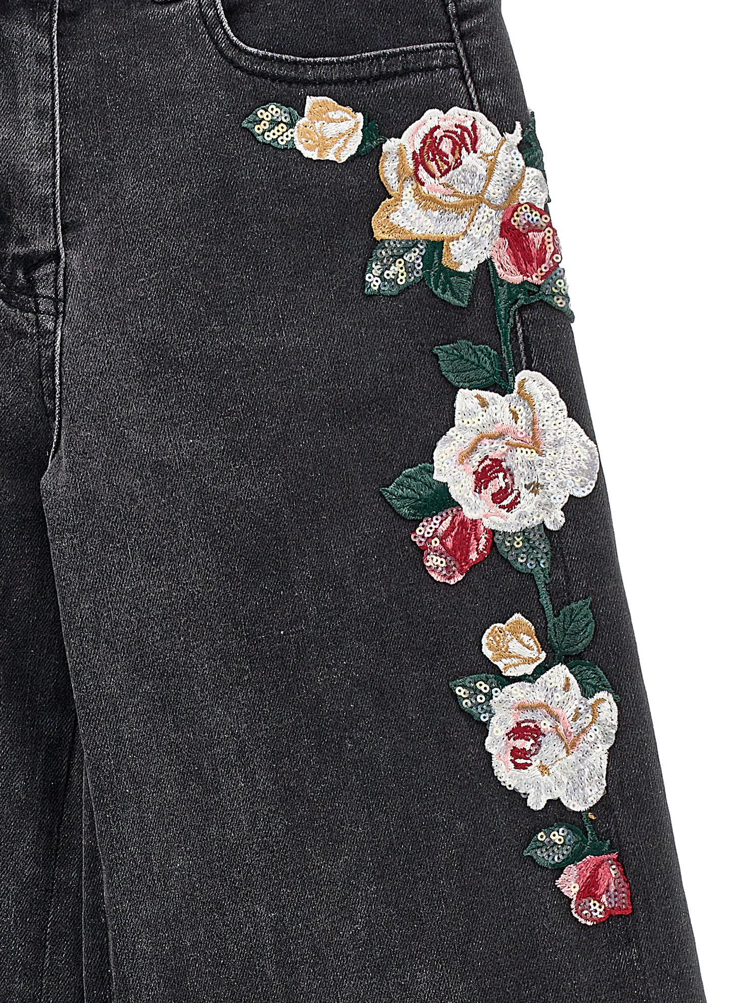 Monnalisa Embroidered Denim Trousers In Black