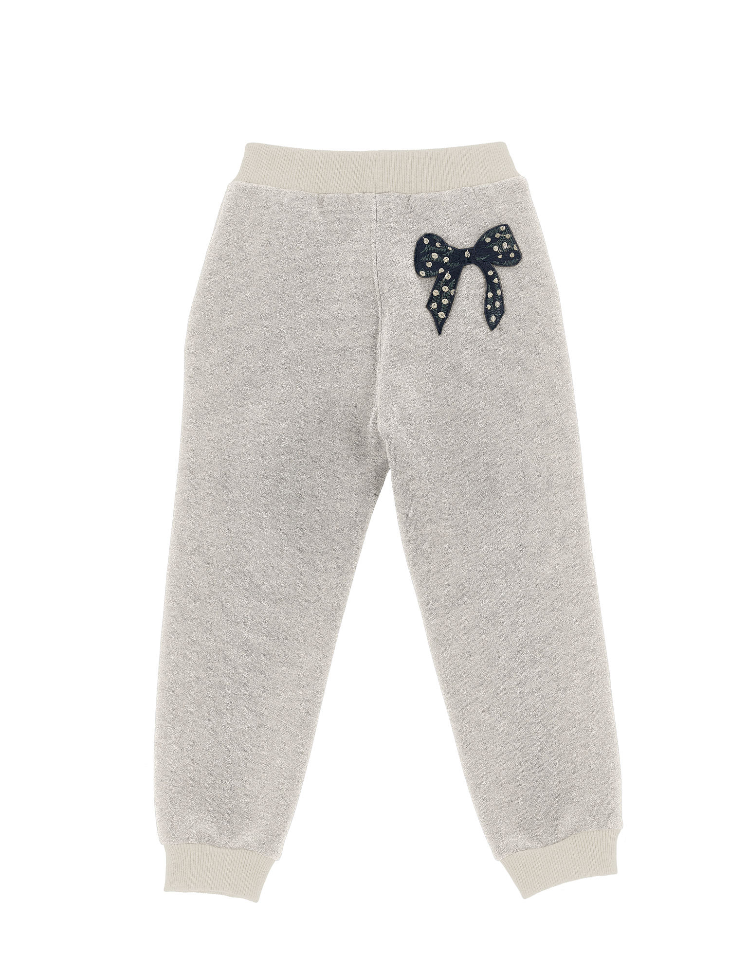 Monnalisa Glitter Fleece Joggers With Bow In Ecru + Silver
