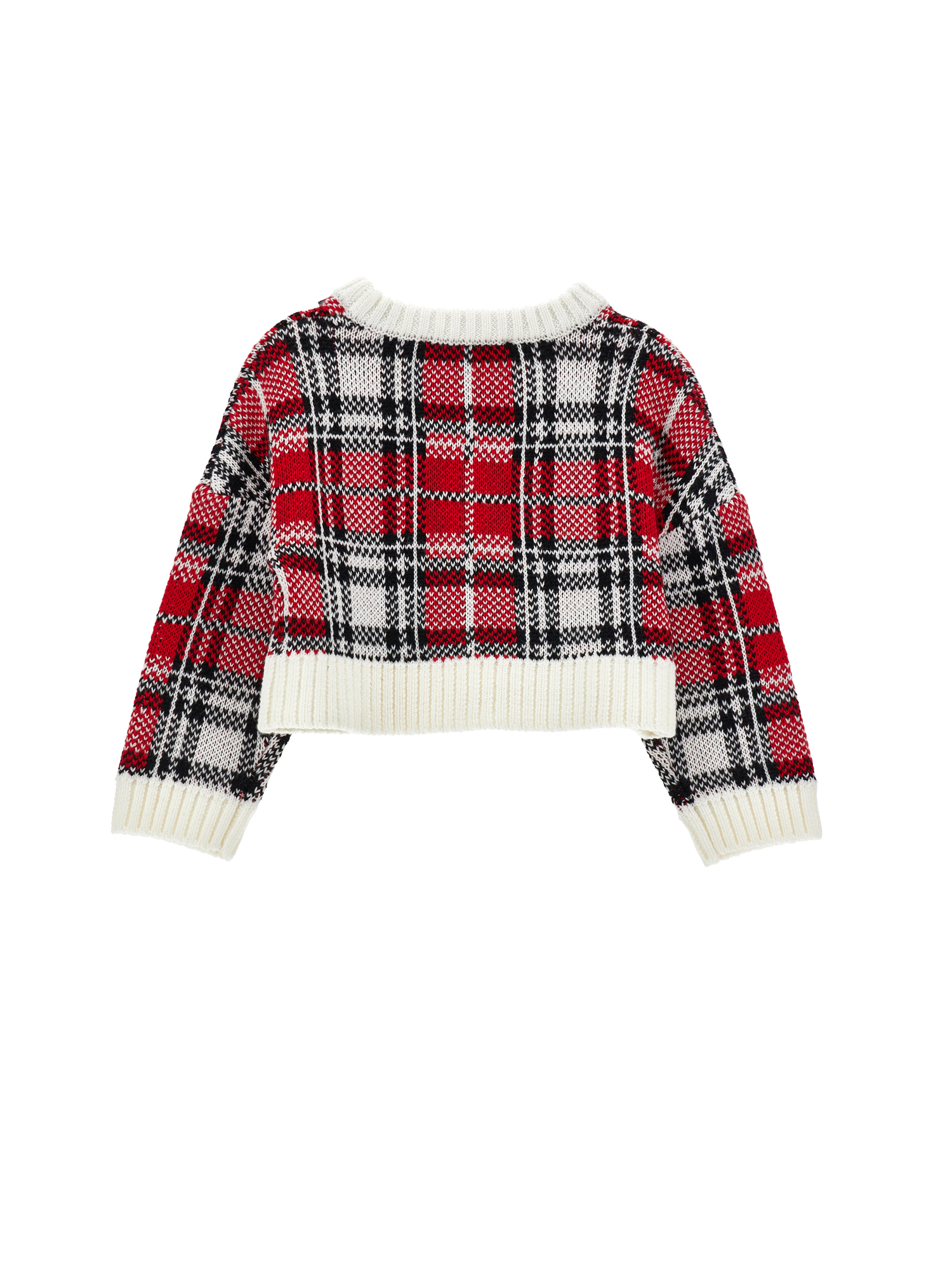 Monnalisa Tartan Wool Blend Sweater In Red + Cream