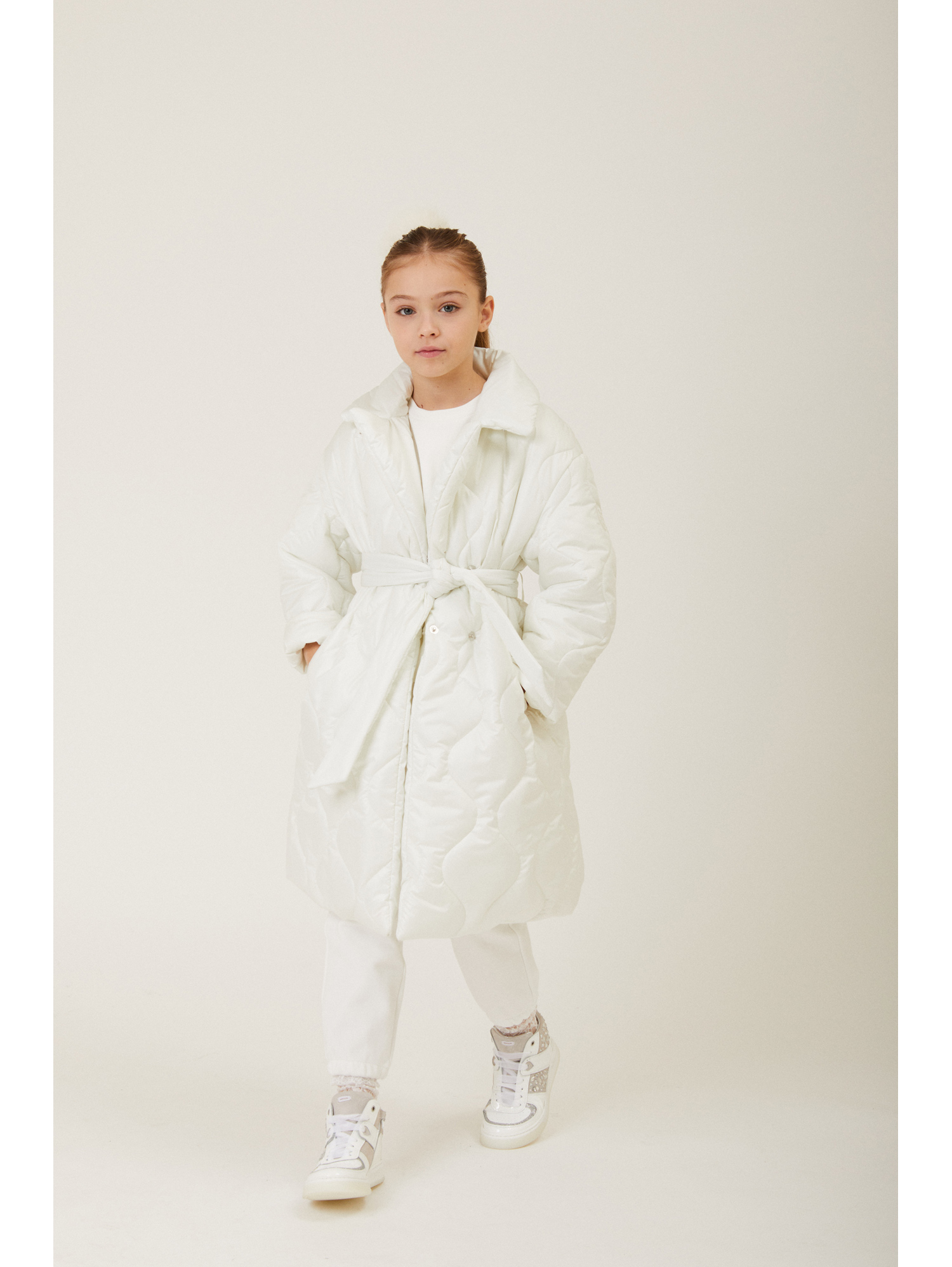 Shop Monnalisa Quilted Technical Fabric Coat In Cream