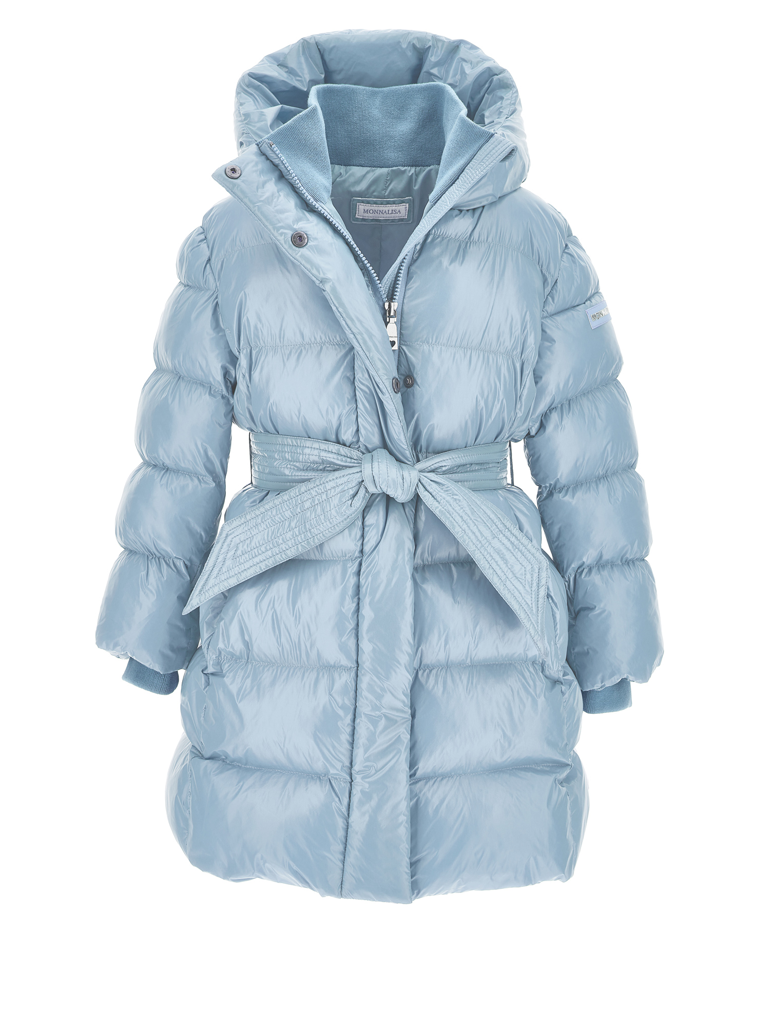 Monnalisa Padded Coat With Ribbon Belt In Bubble Blue
