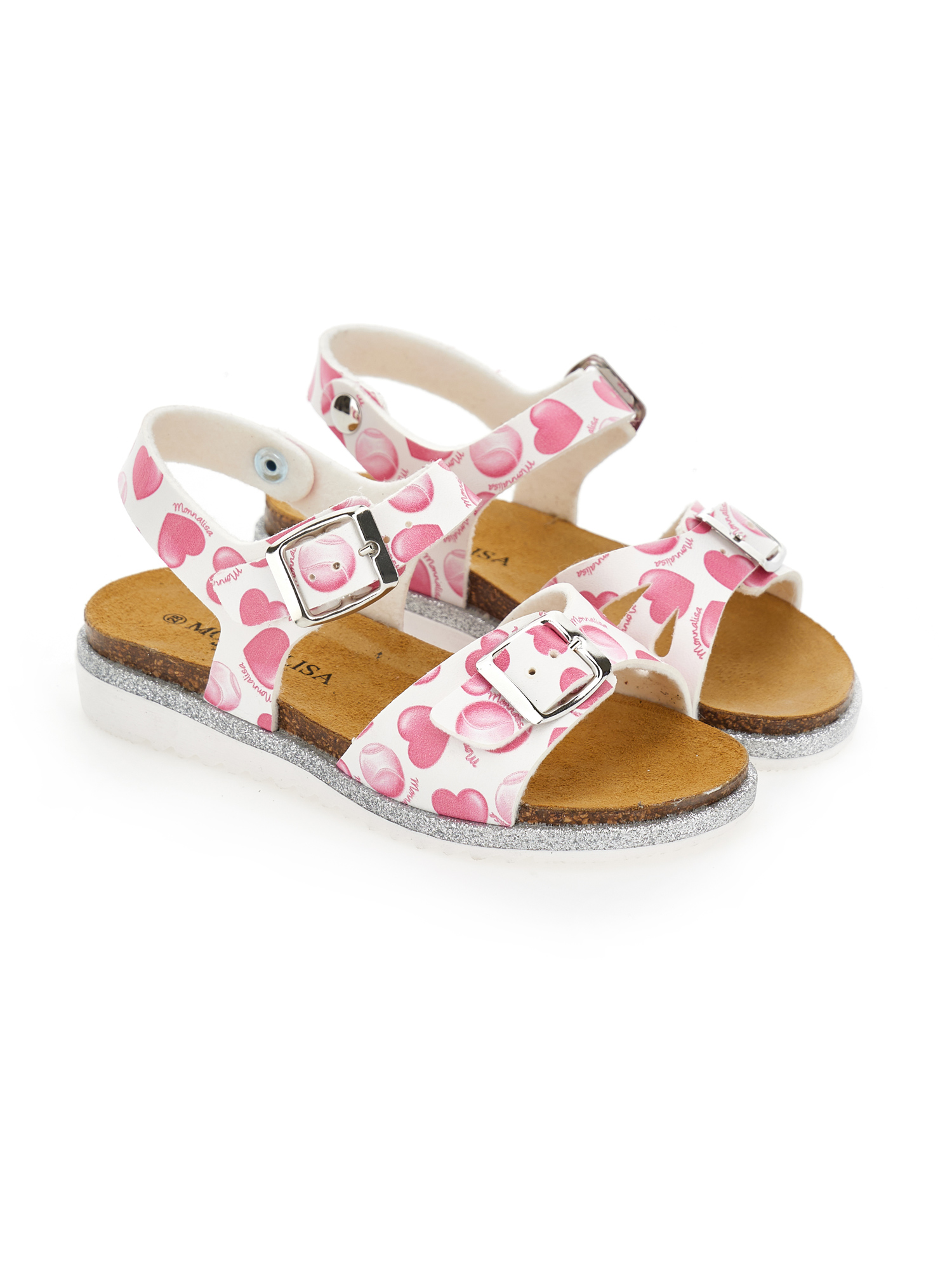 Monnalisa Sandal With Heart Print In White + Cherry Red