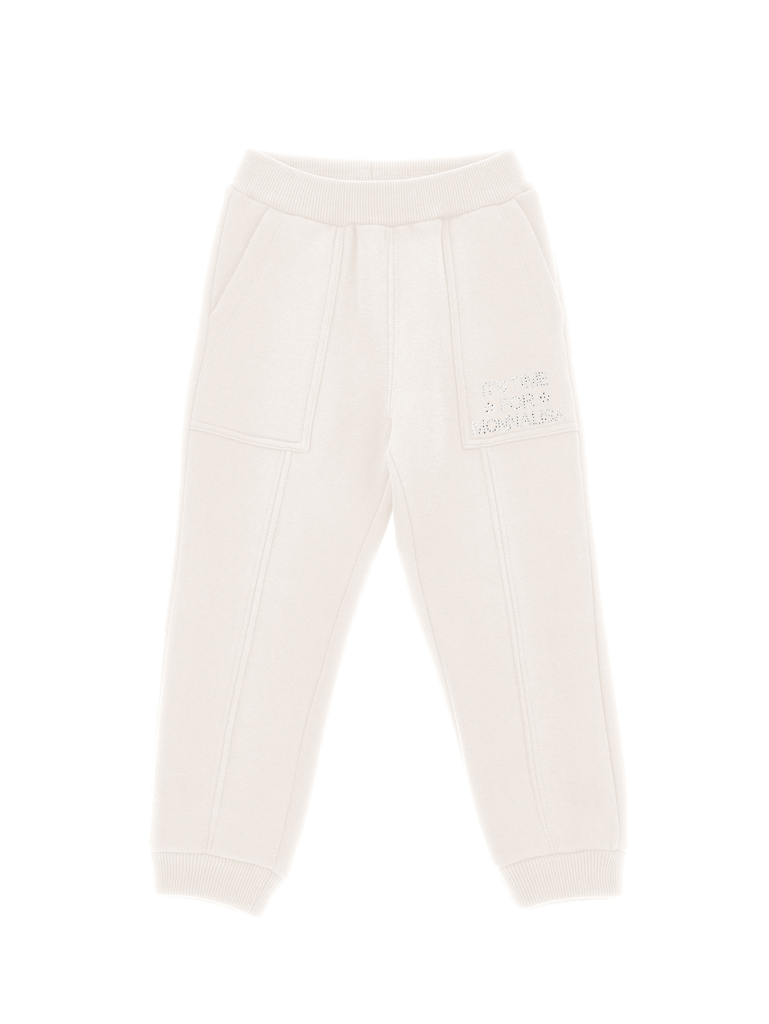 Monnalisa Heavyweight Fleece Joggers With Rhinestones In Cream