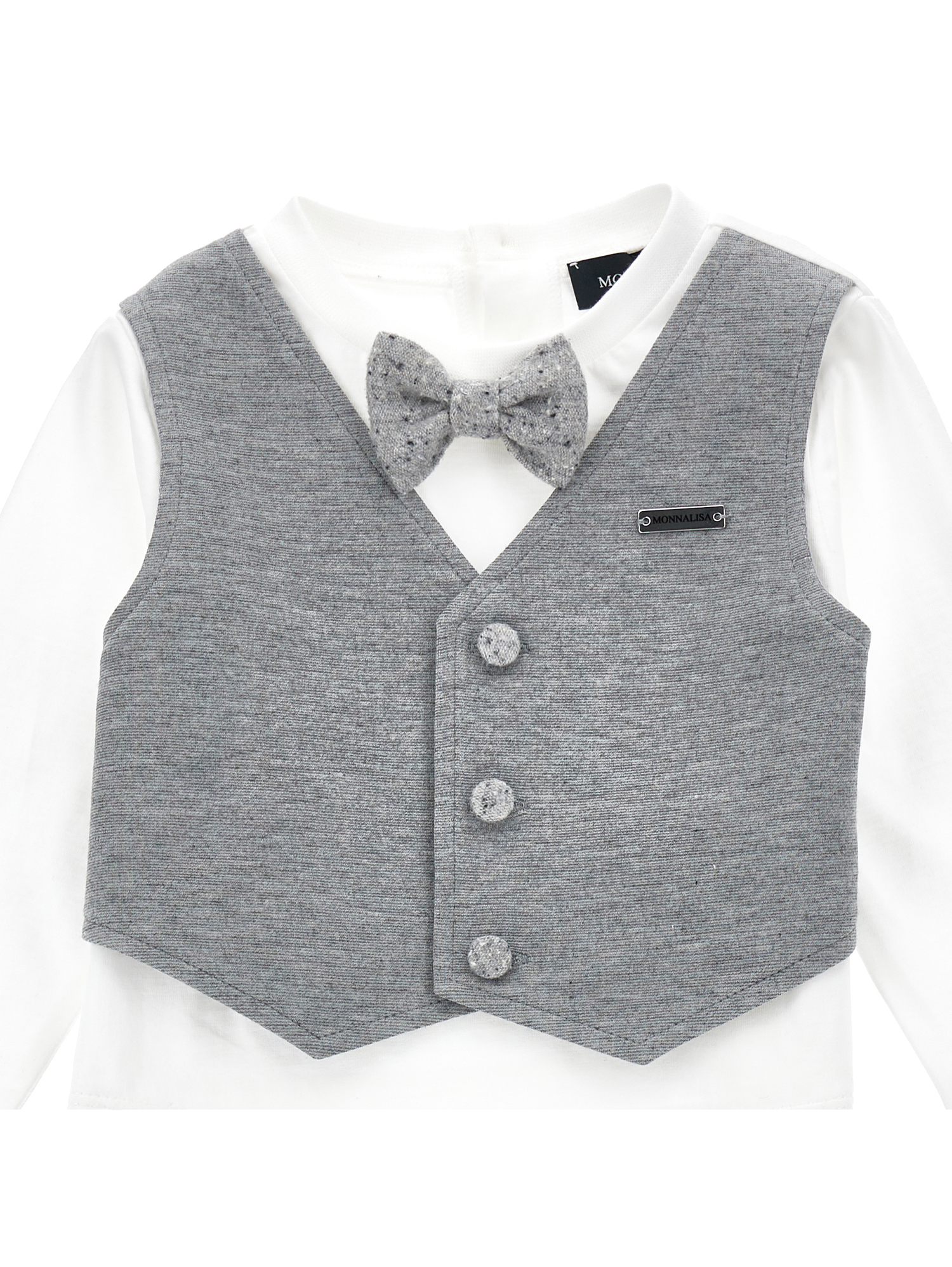 Monnalisa Elegant Playsuit With Bow Tie In Cream + Grey