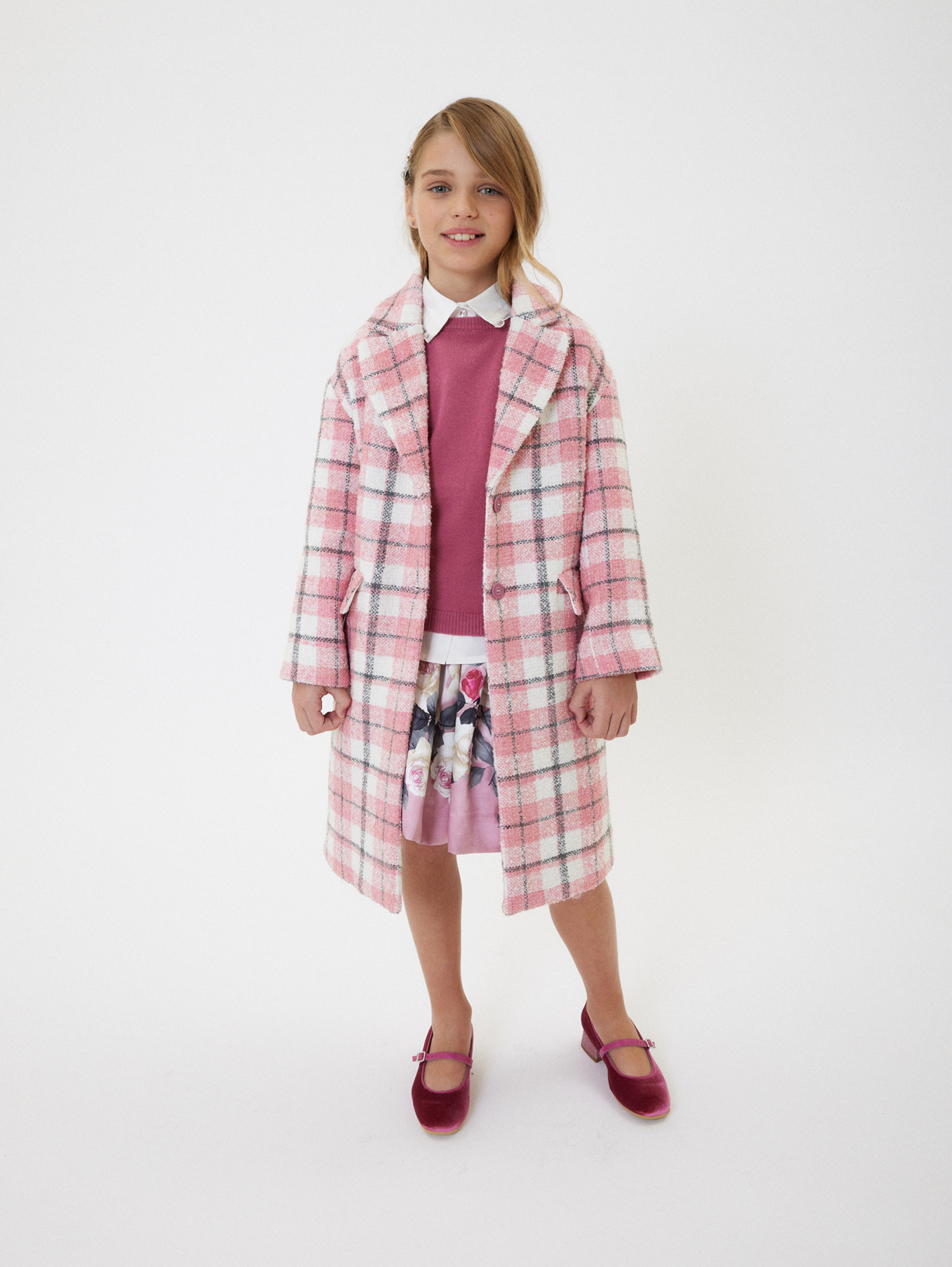 Monnalisa Tartan Bouclé Coat In Violet + Light Grey