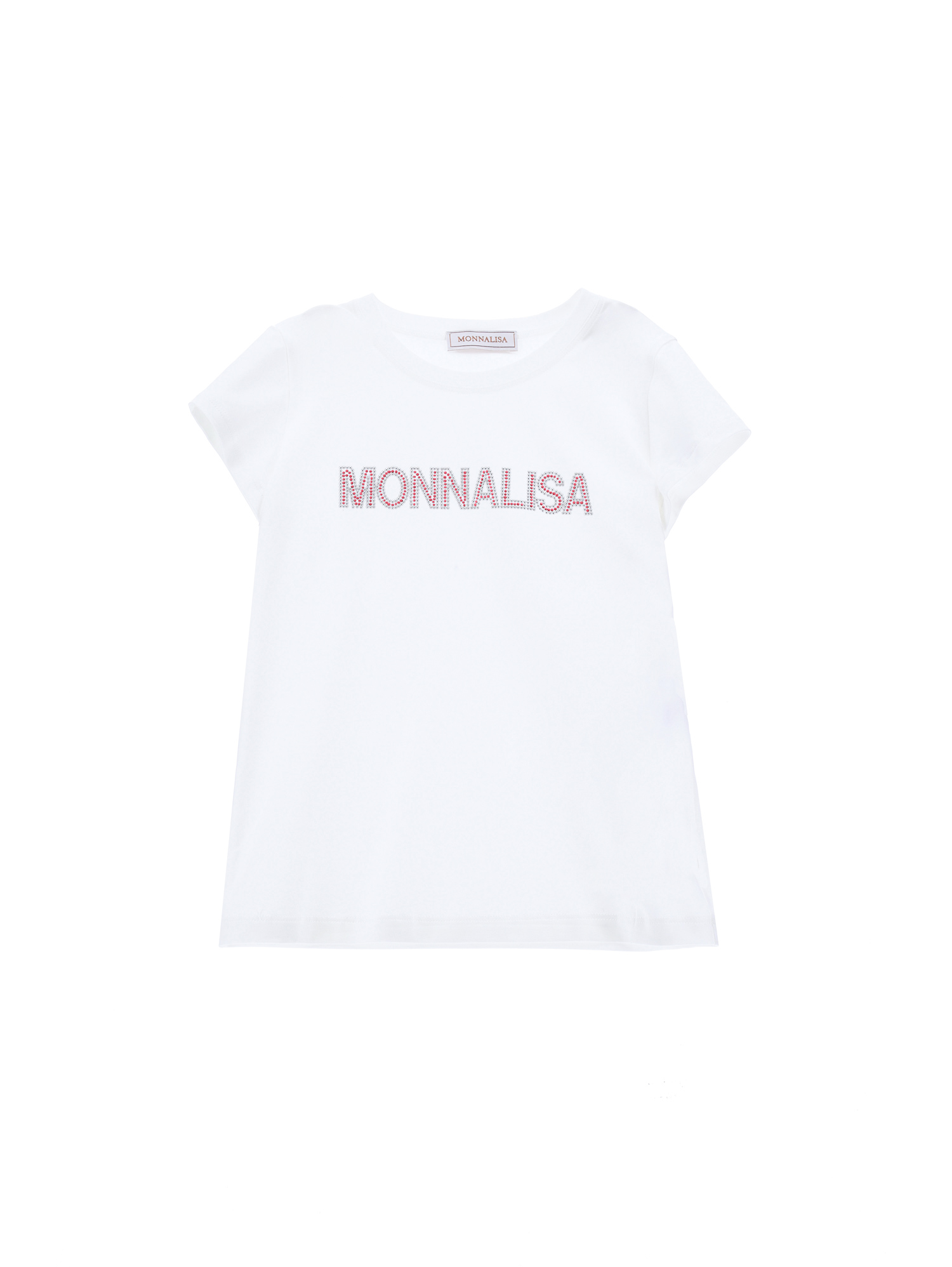 Monnalisa Kids'   Cotton T-shirt With Rhinestone Logo In White + Red