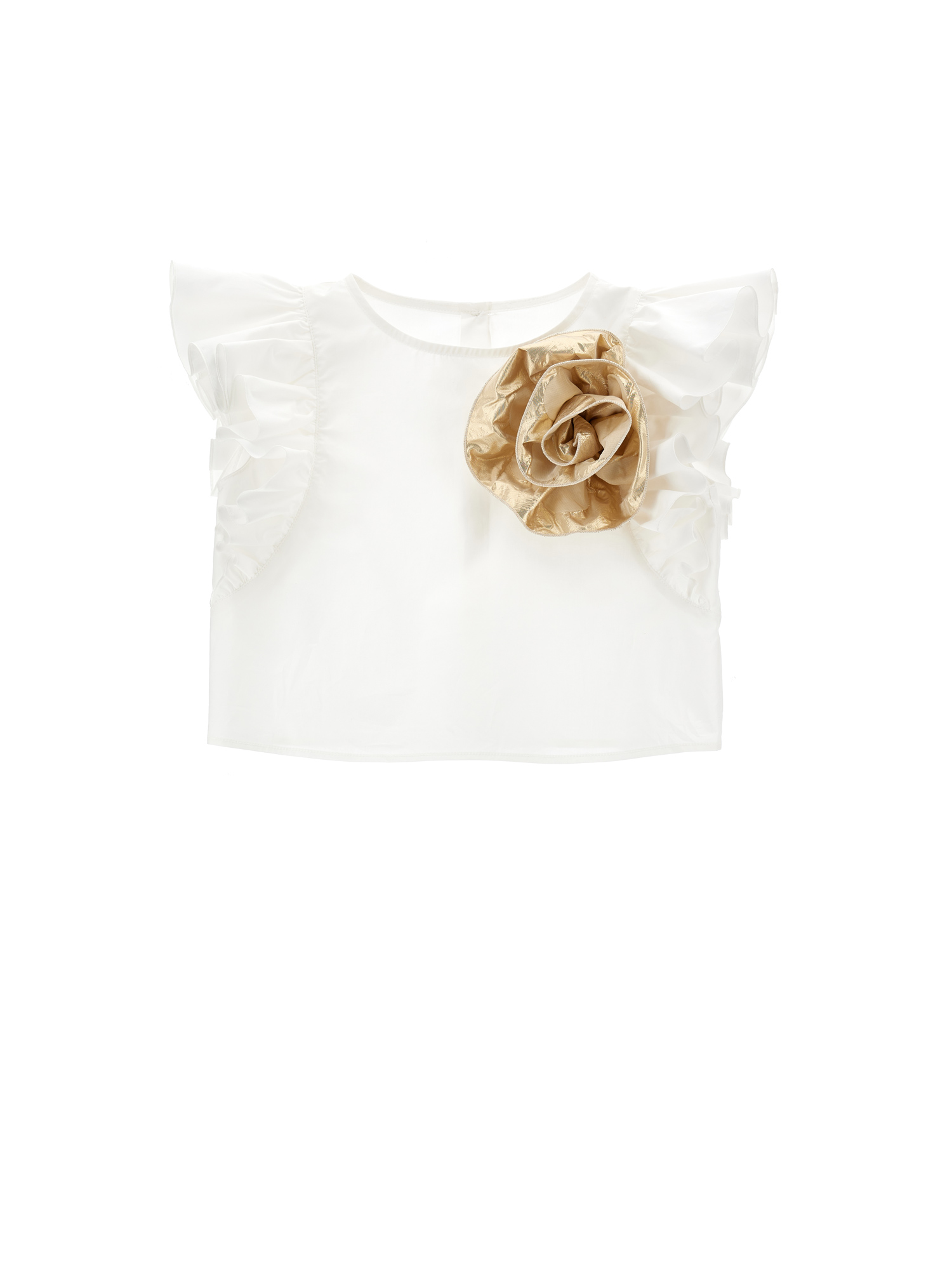 Monnalisa Top And Skirt Set In Polka Dot Taffeta Fabric In Cream + Gold