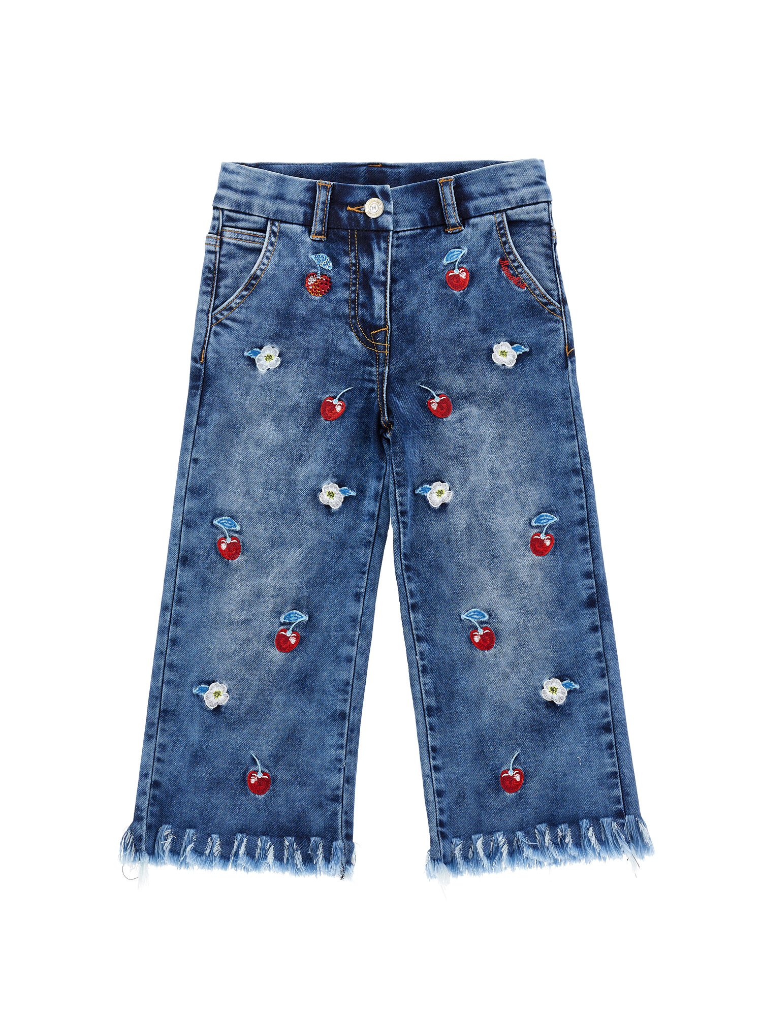 Monnalisa Kids'   Fleece Jeans Embroidered With Cherries In Stone Bleach