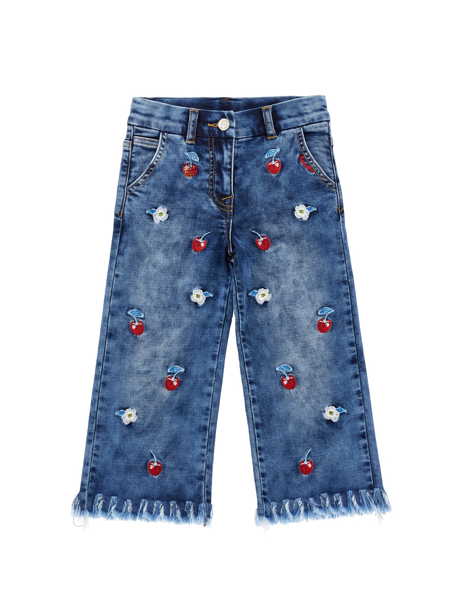Monnalisa Fleece Jeans Embroidered With Cherries In Stone Bleach