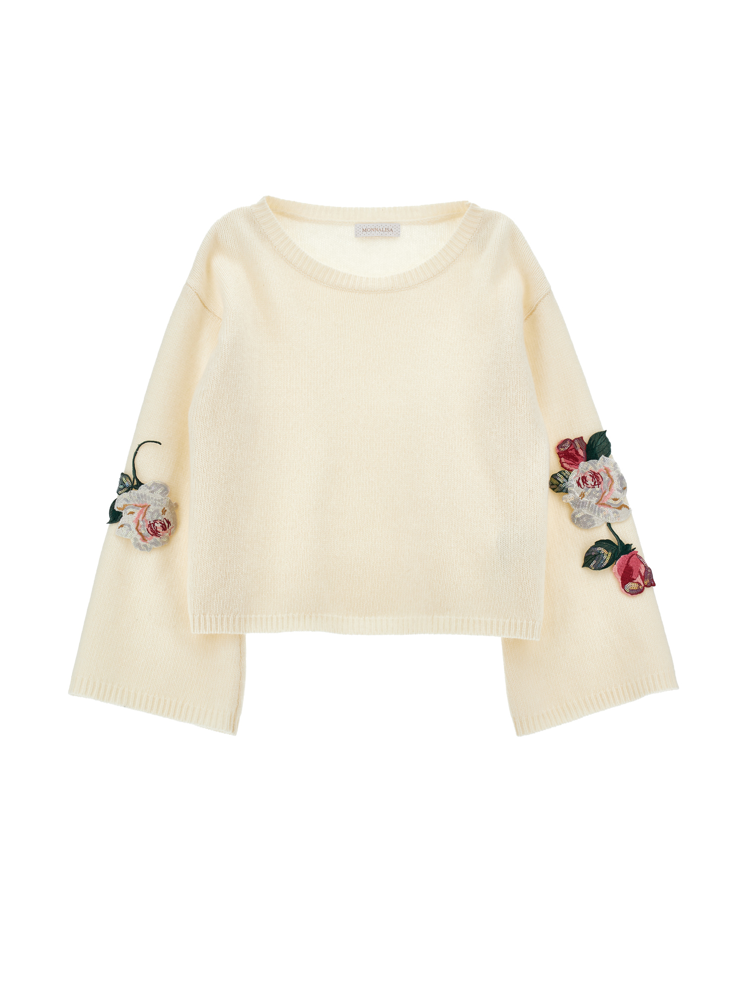 Monnalisa Sweater With Embroidered Sleeves In Cream