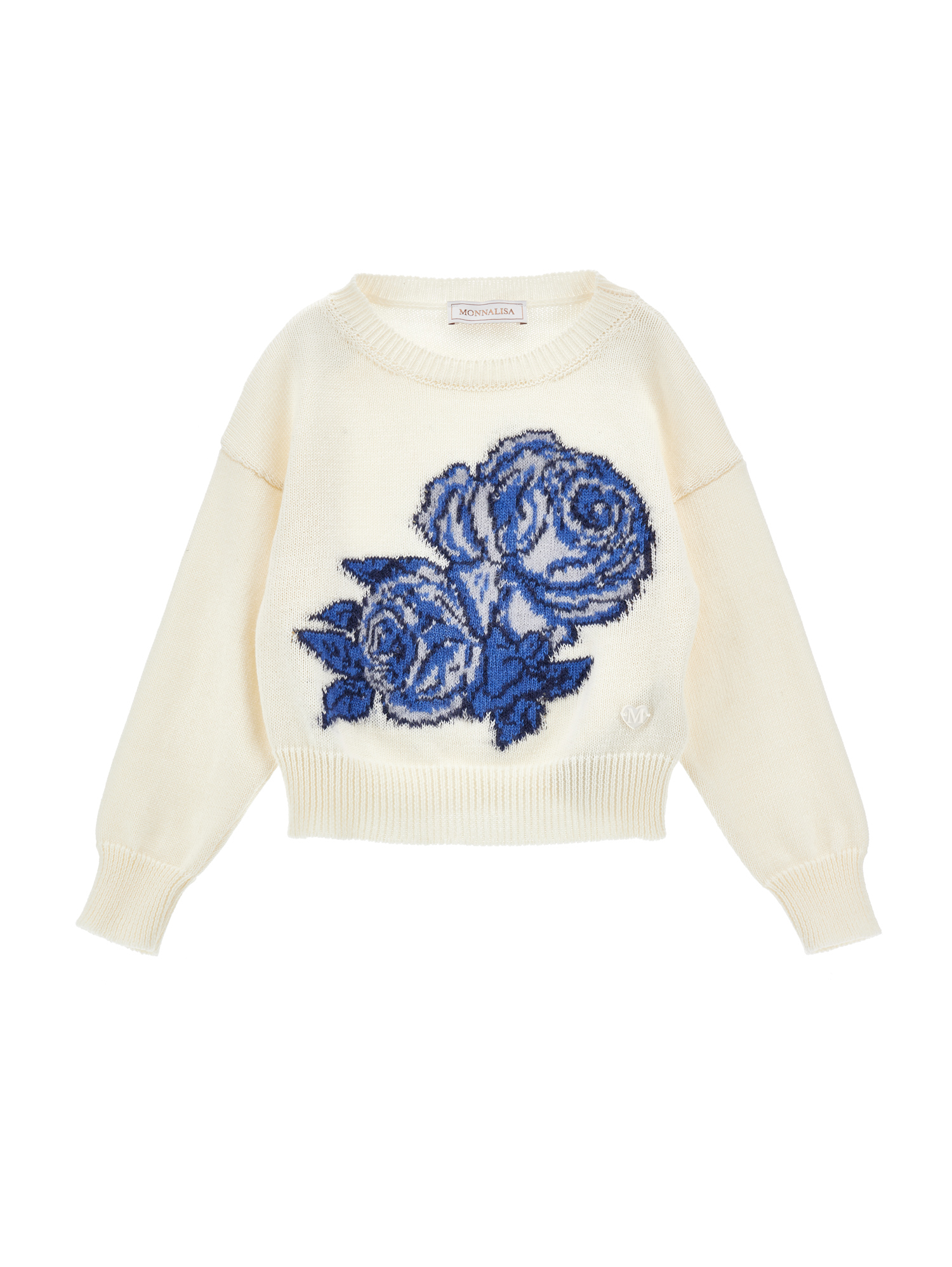 Monnalisa Cotton And Wool Sweater With Rose Inlay In Cream + Navy Blue
