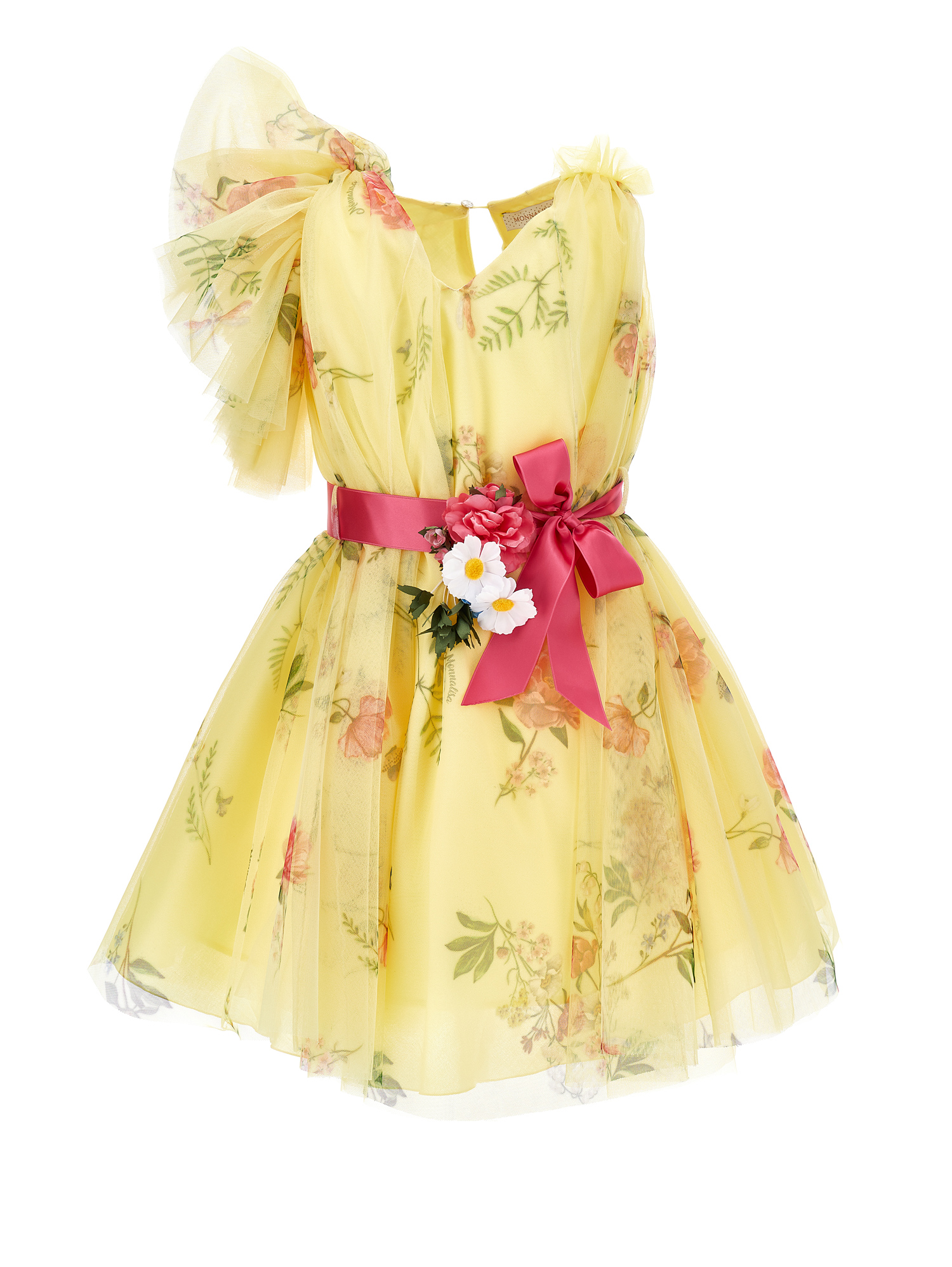 Monnalisa One Shoulder Tulle Dress In Light Yellow + Multicolour