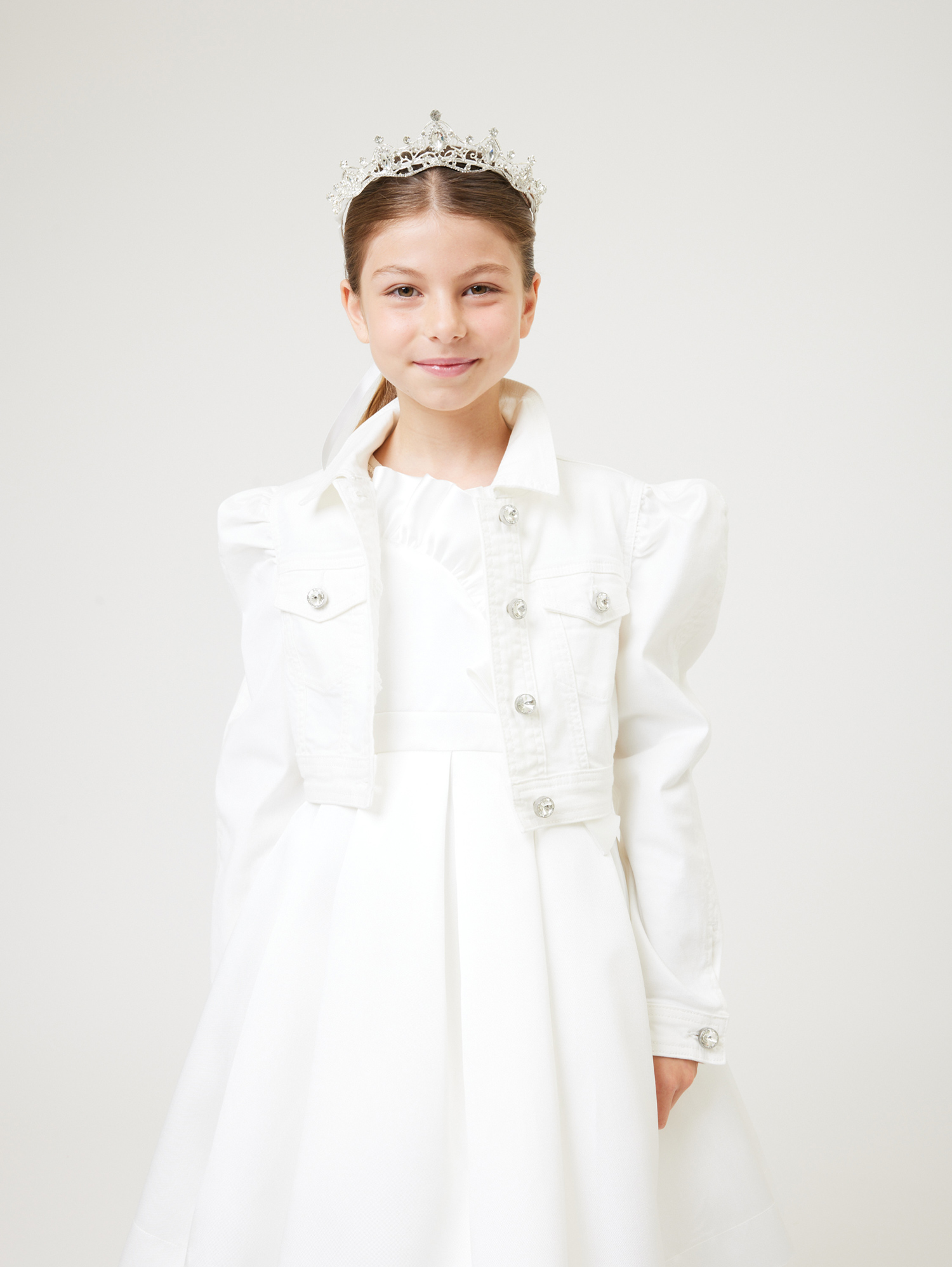 Monnalisa Denim Jacket With Jewel Buttons In Cream