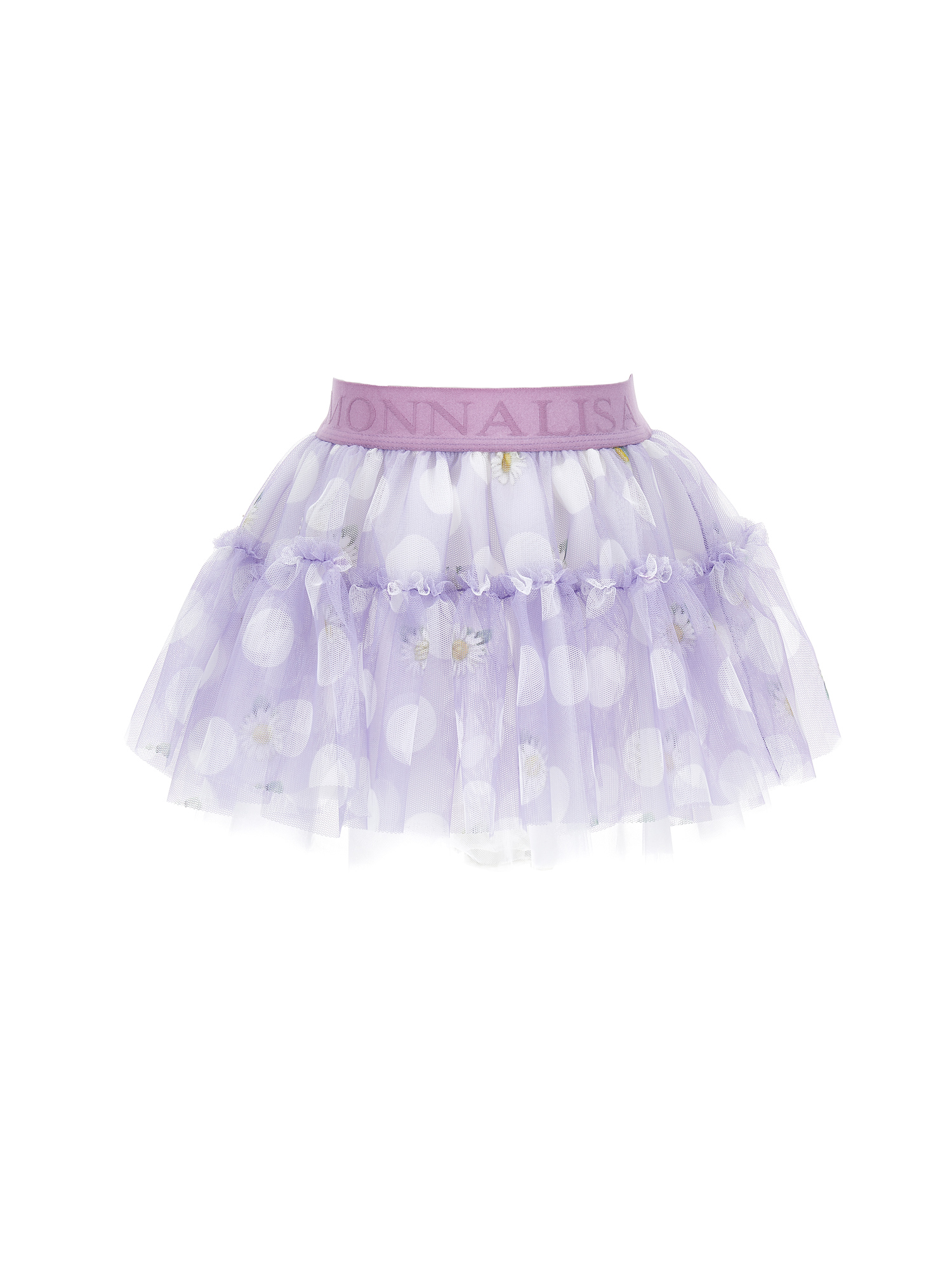 Shop Monnalisa Tulle Skirt With Polka Dots And Daisies In Wisteria