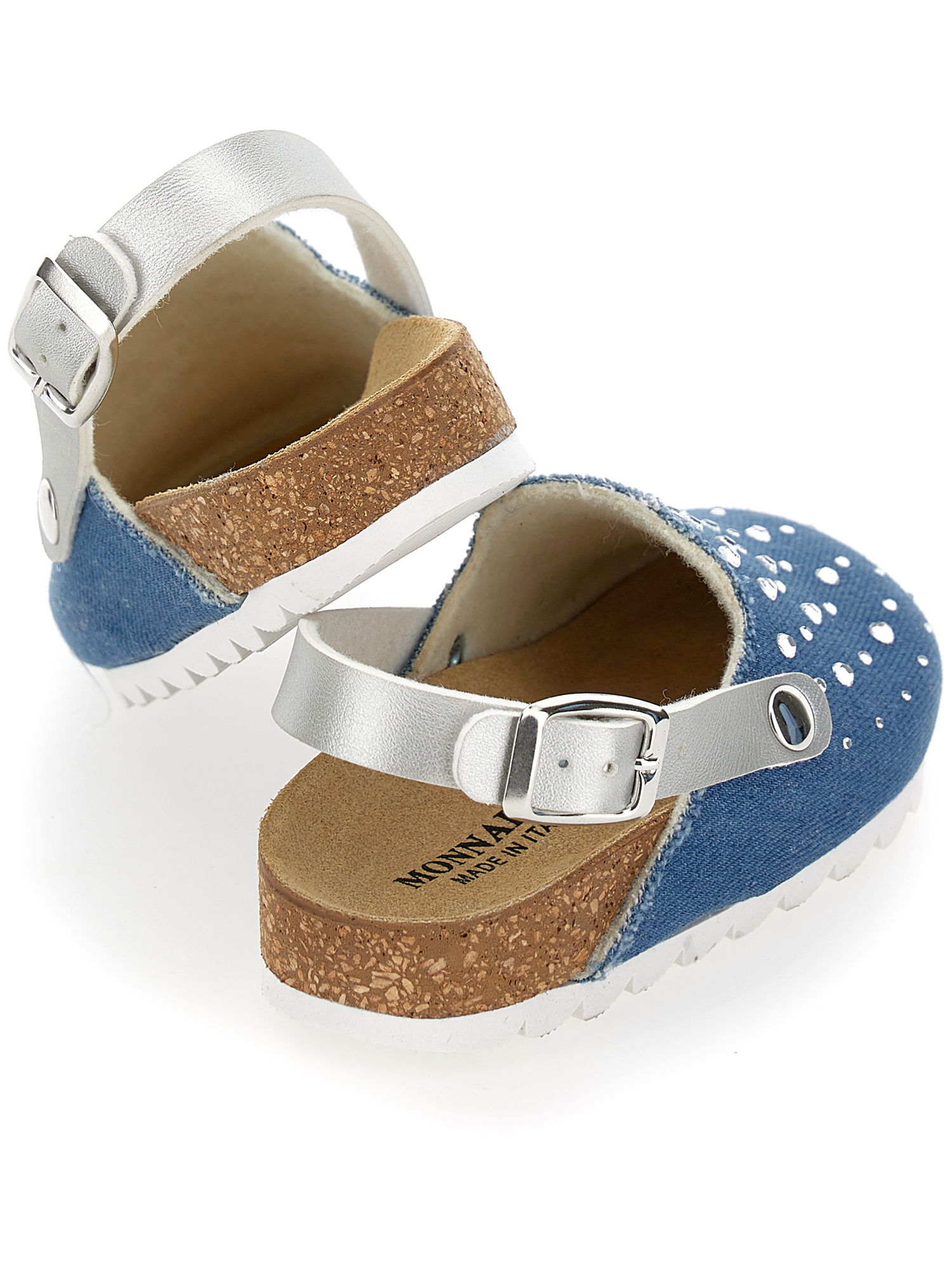 Monnalisa Denim Clogs With Rhinestones In Blue Stone + Silver