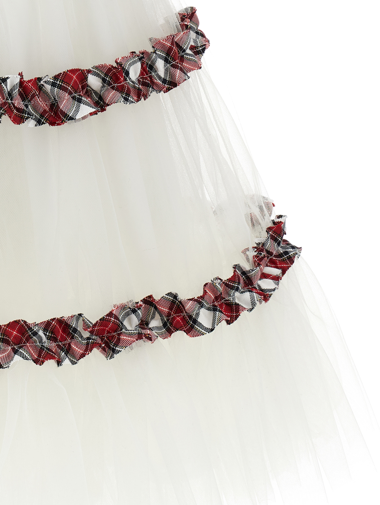 Monnalisa Tartan Pleated Tulle Dress With Ruffles In Cream + Ruby Red