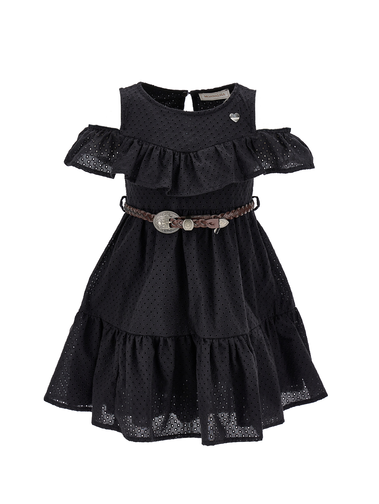 Monnalisa Kids'   Broderie Anglaise Dress With Woven Belt In Black