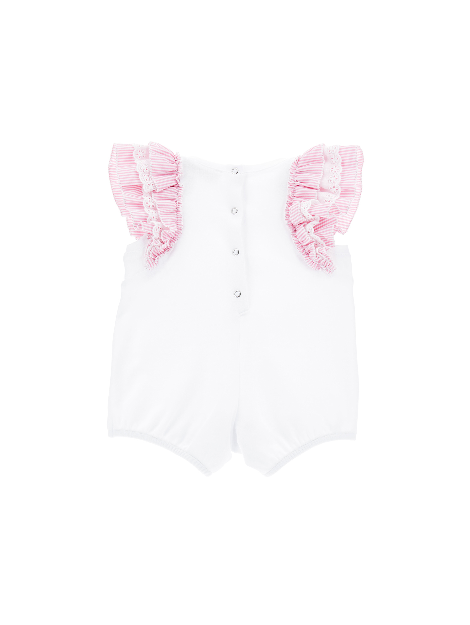 Shop Monnalisa Romper With Logoed Ruffles In White + Rosa Fairytale