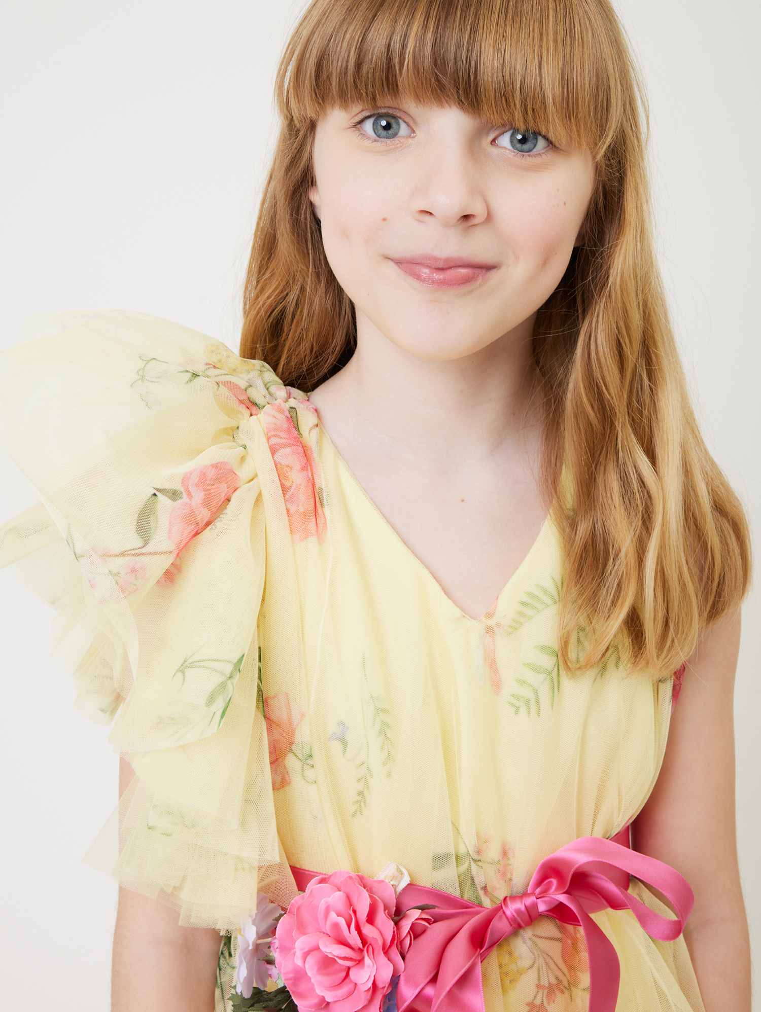 Monnalisa One Shoulder Tulle Dress In Light Yellow + Multicolour