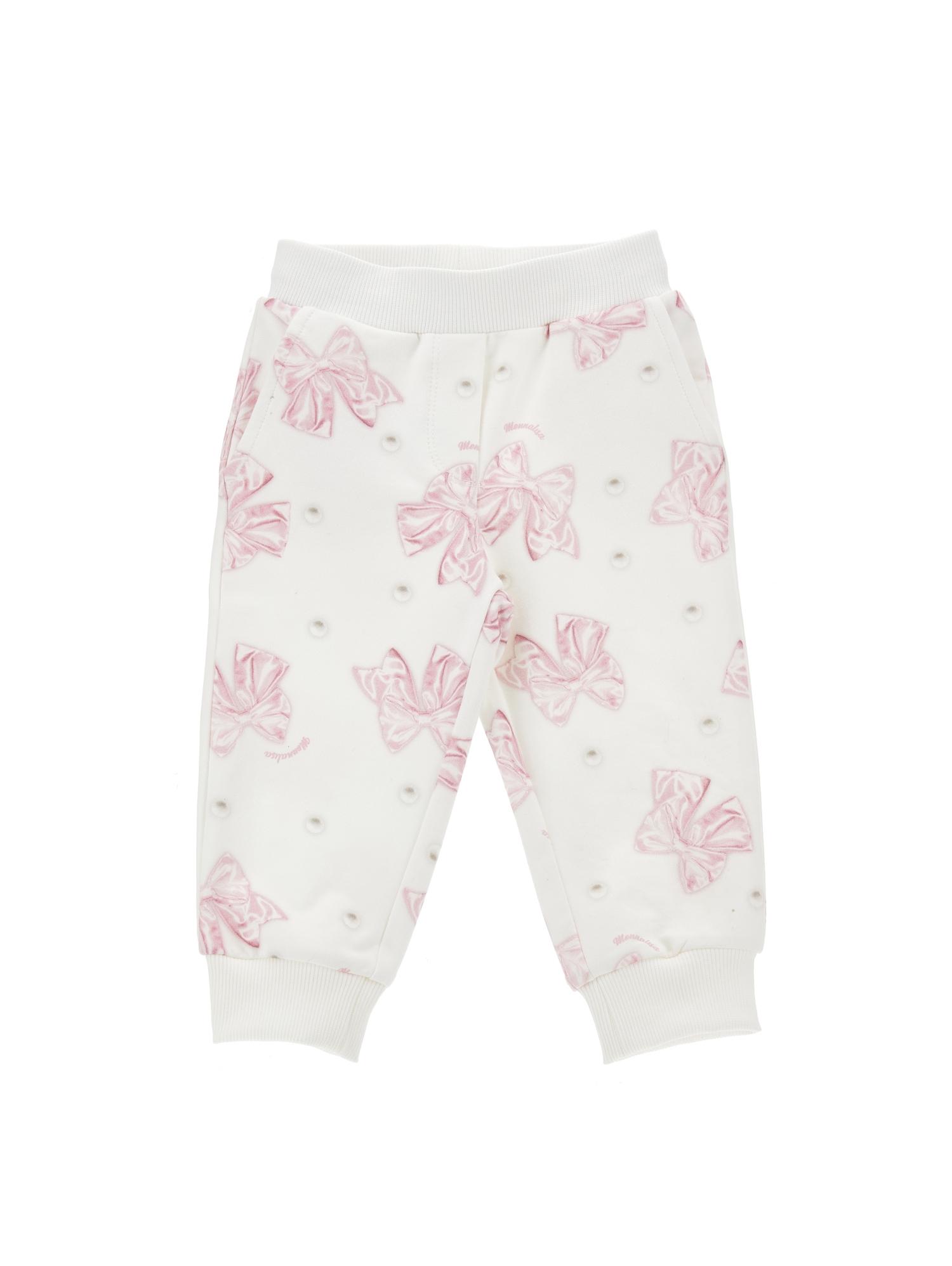 Monnalisa Bow Print Fleece Joggers In Cream + Pink