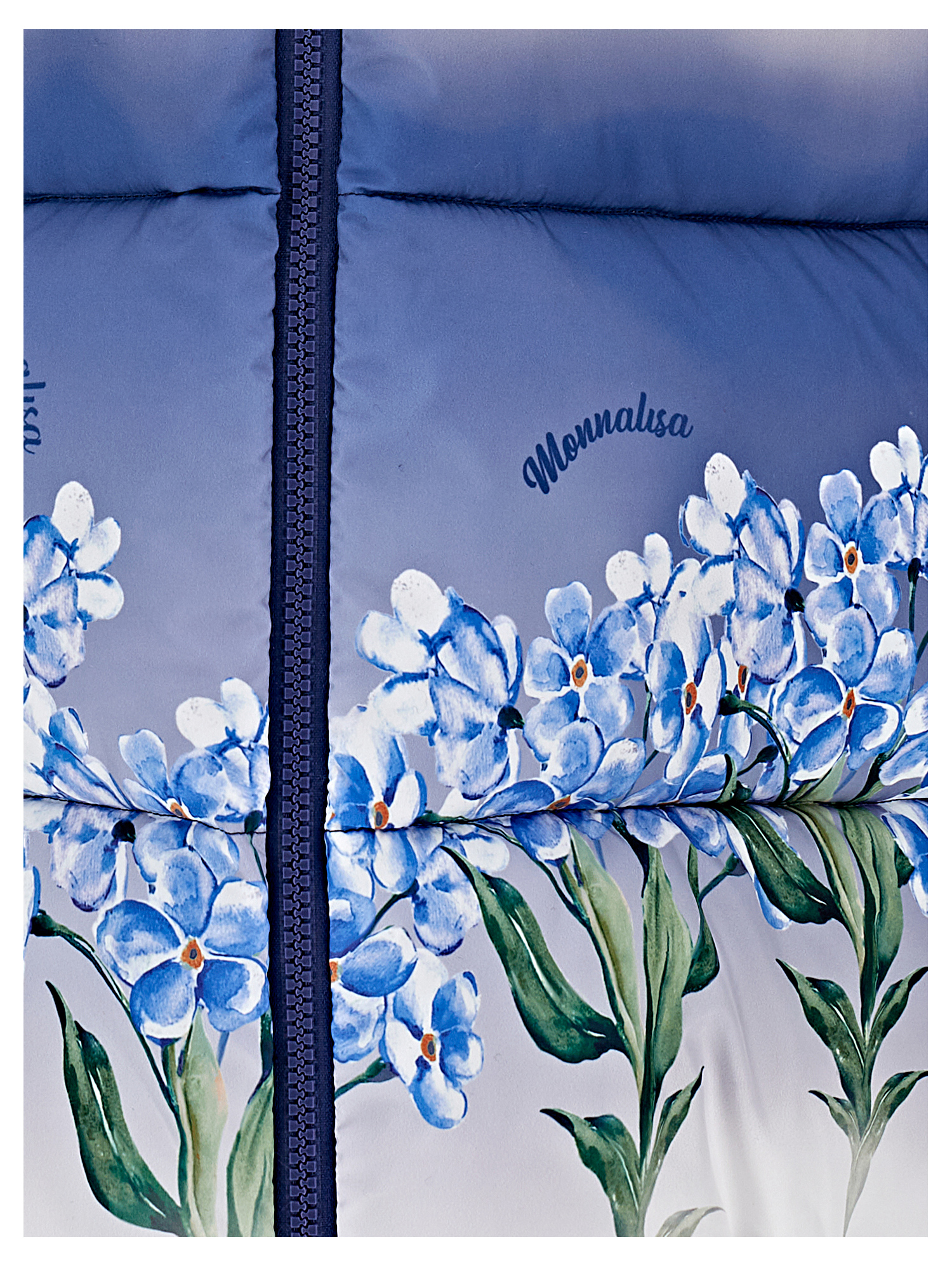 Monnalisa Graduated Down Coat With Flowers In Blue + Cream