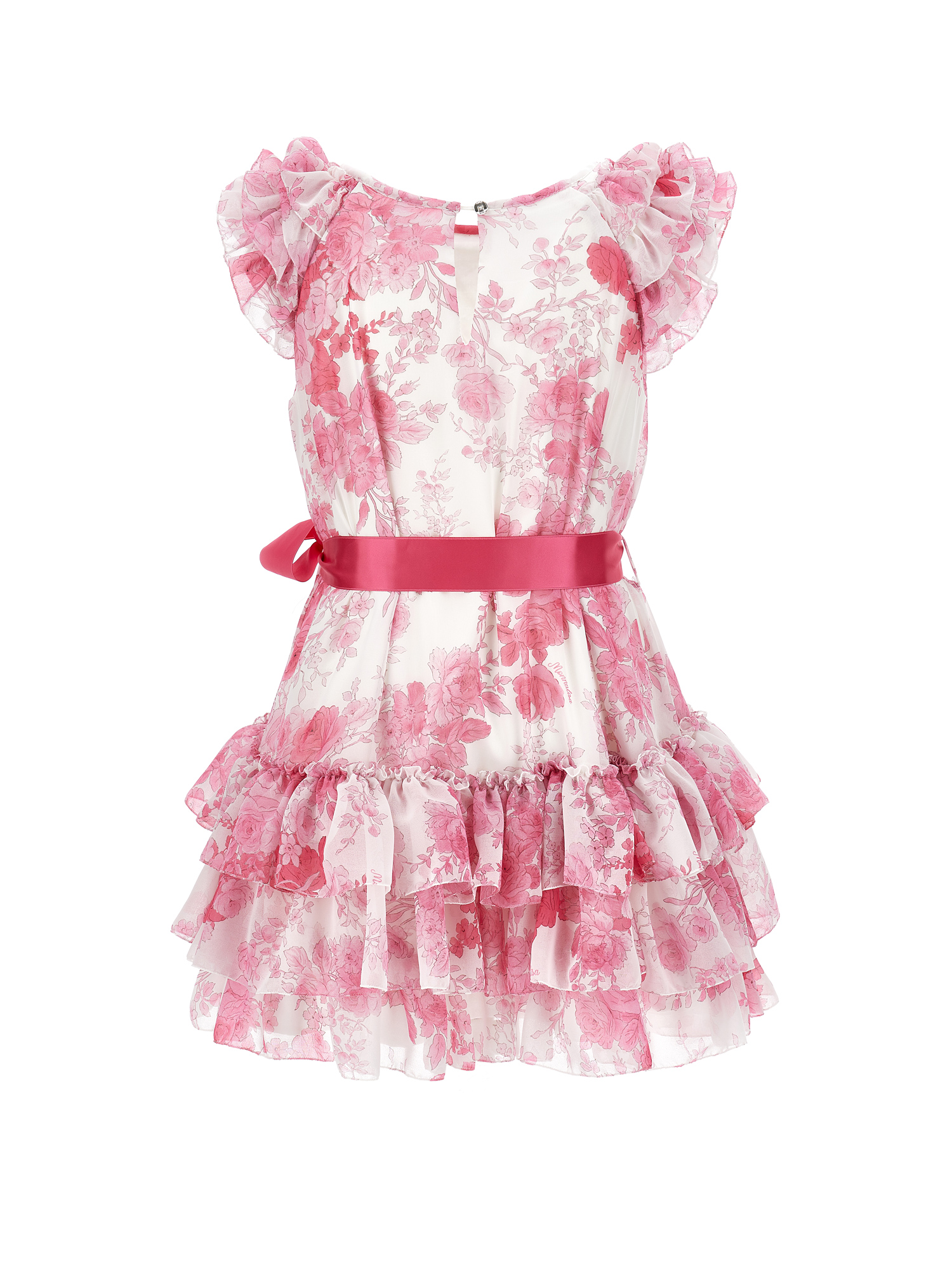 Monnalisa Low-waisted Tulle Dress In Cream + Magenta