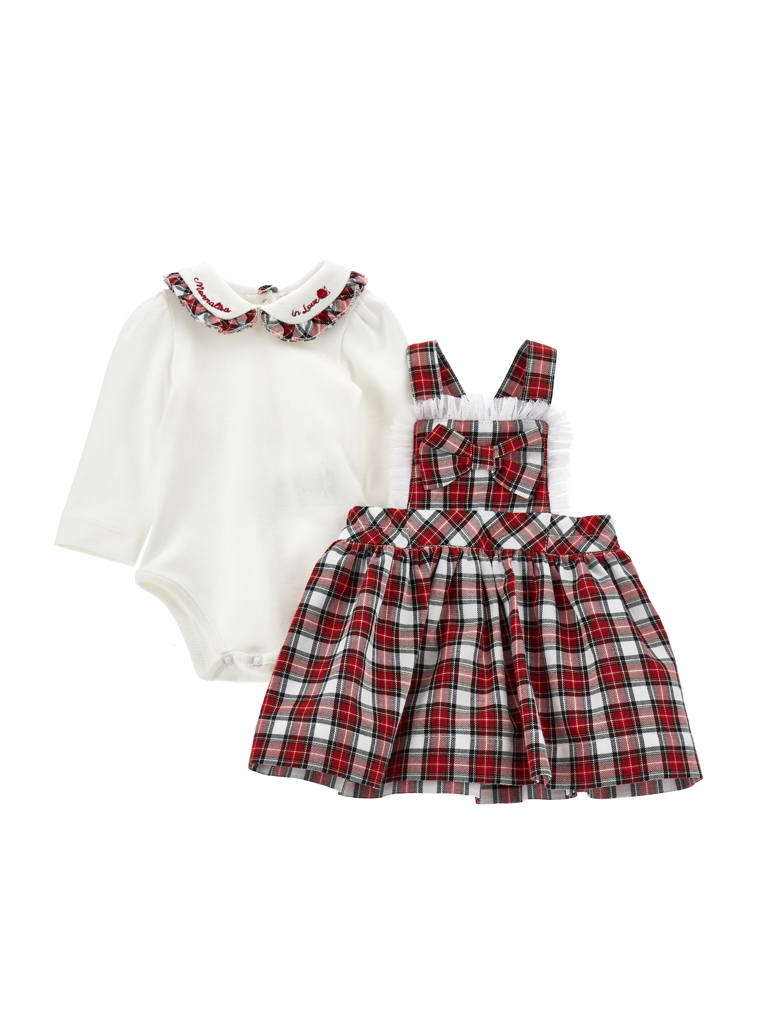 Monnalisa Two-piece Bodysuit And Pinafore Set In Cream + Ruby Red