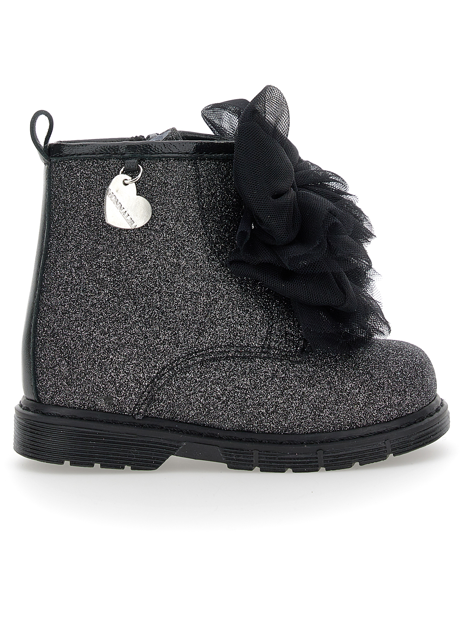 Monnalisa Sheepskin-lined Glitter Bow Combat Boots In Black