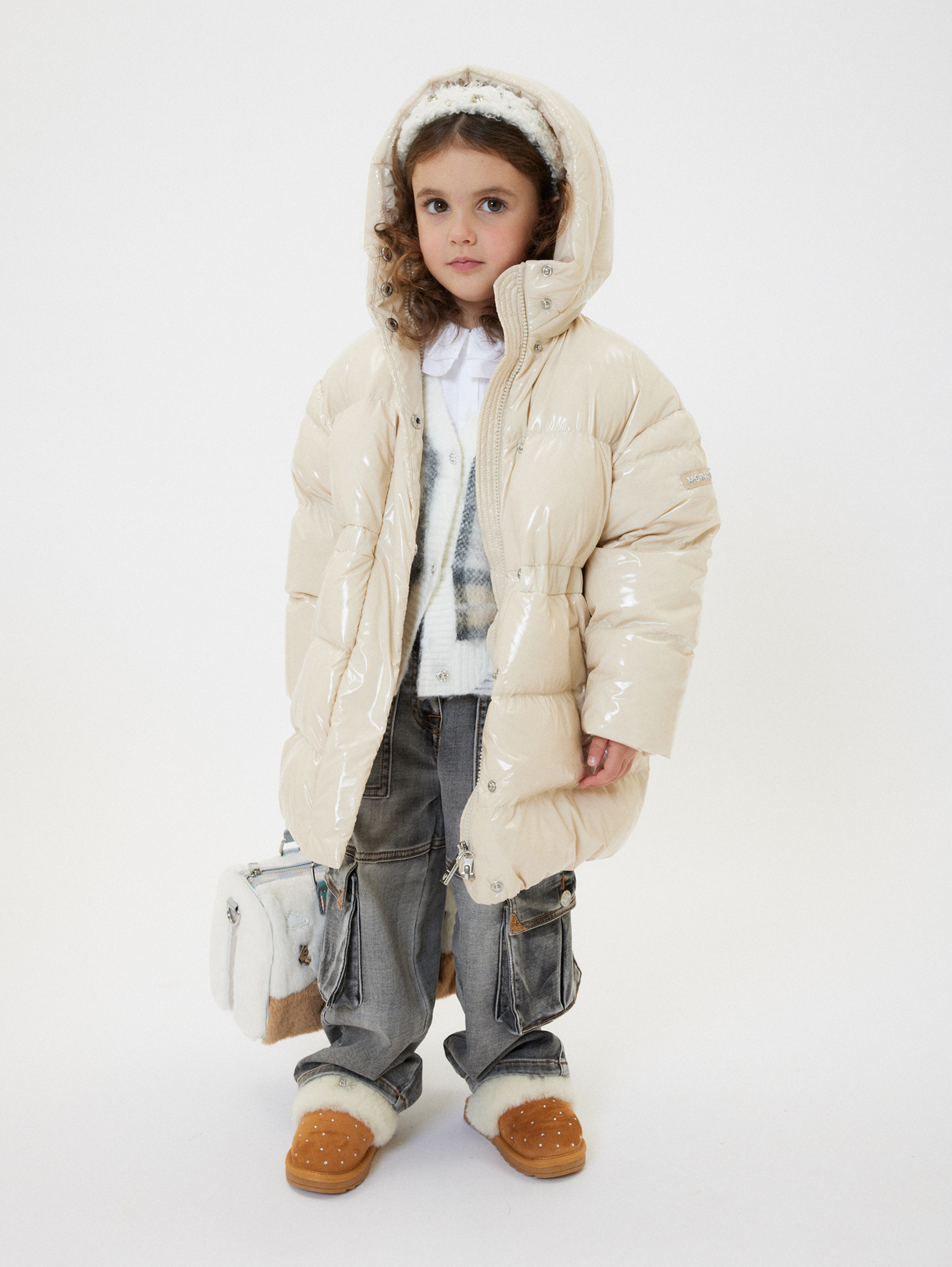Monnalisa Shiny Genuine Down Jacket In Ecru
