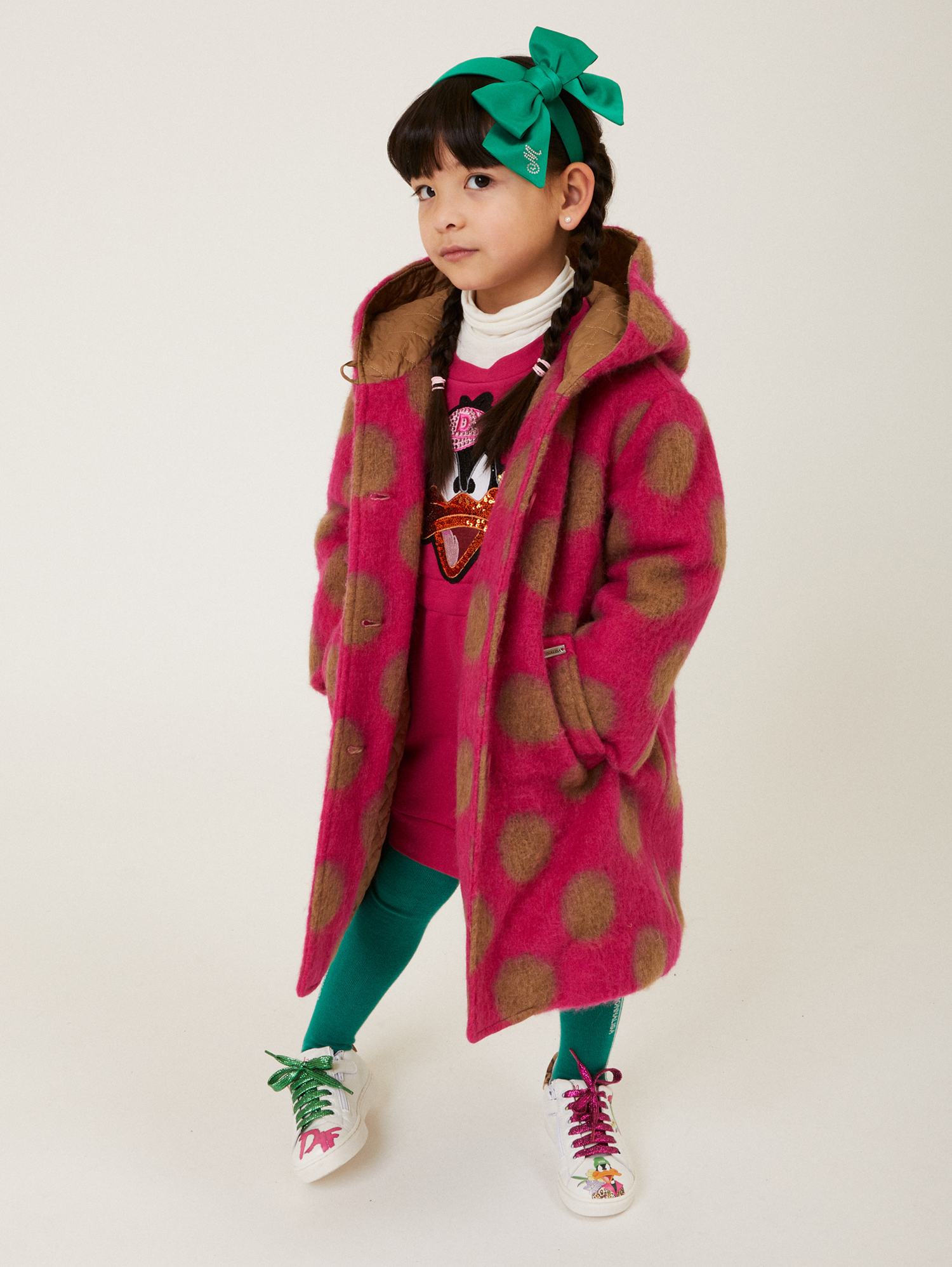 Monnalisa Polka Dot Boiled Wool Coat In Fuchsia + Ecrù