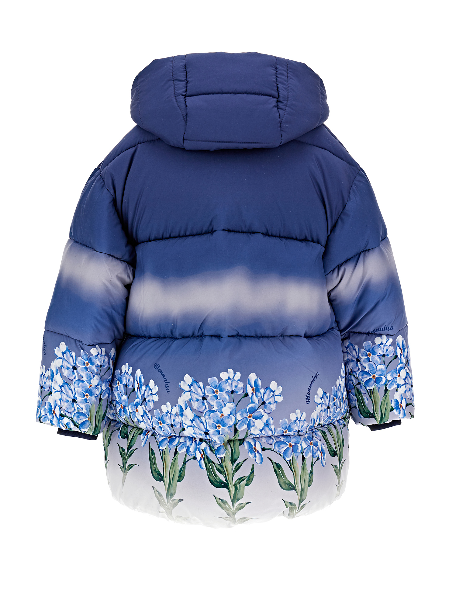 Monnalisa Graduated Down Coat With Flowers In Blue + Cream