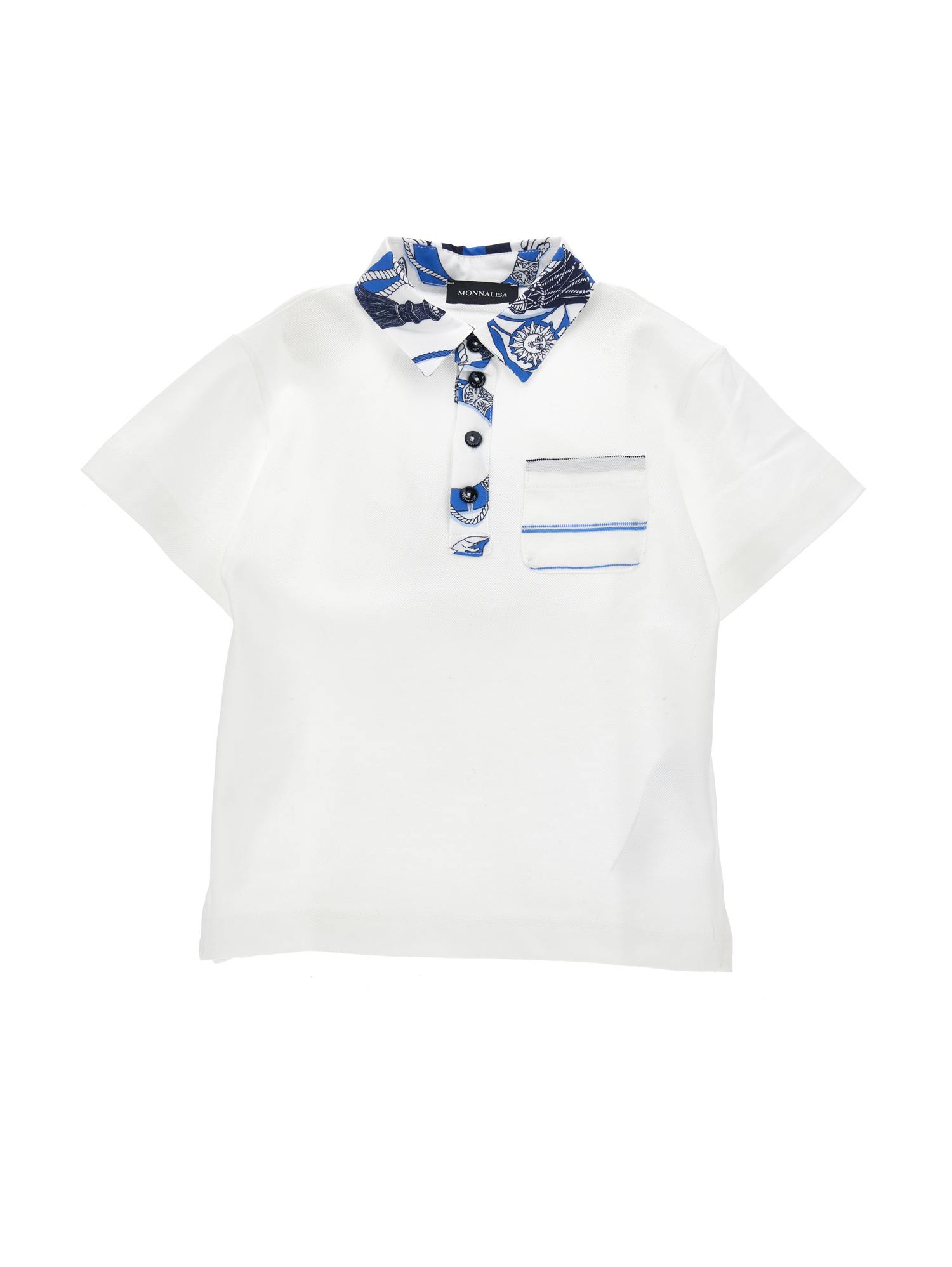 Monnalisa Kids'   Piquet Polo Shirt With Striped Pocket In White + Blue