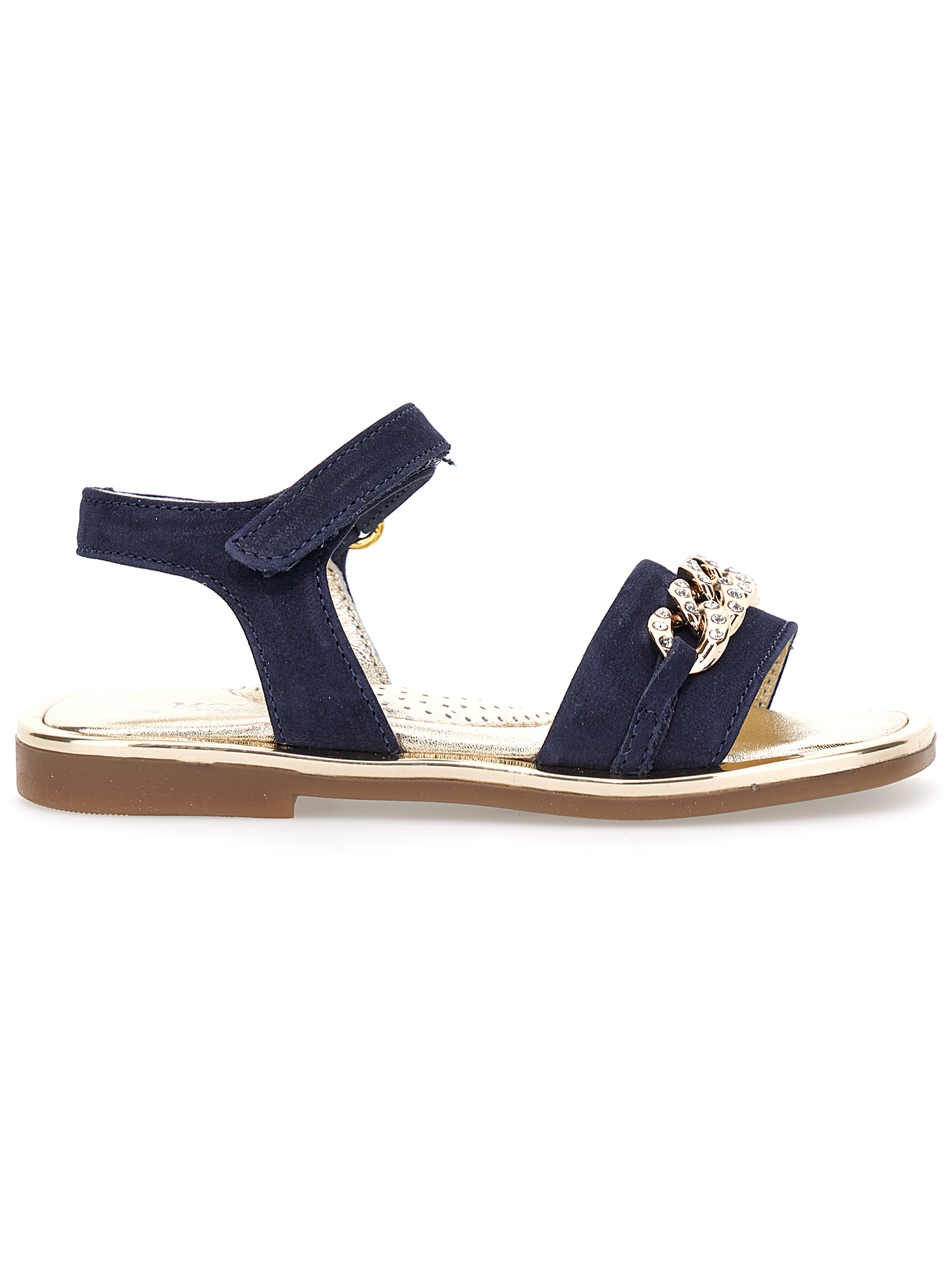 Monnalisa Nappa Sandals With Rhinestone Chain In Dark Blue